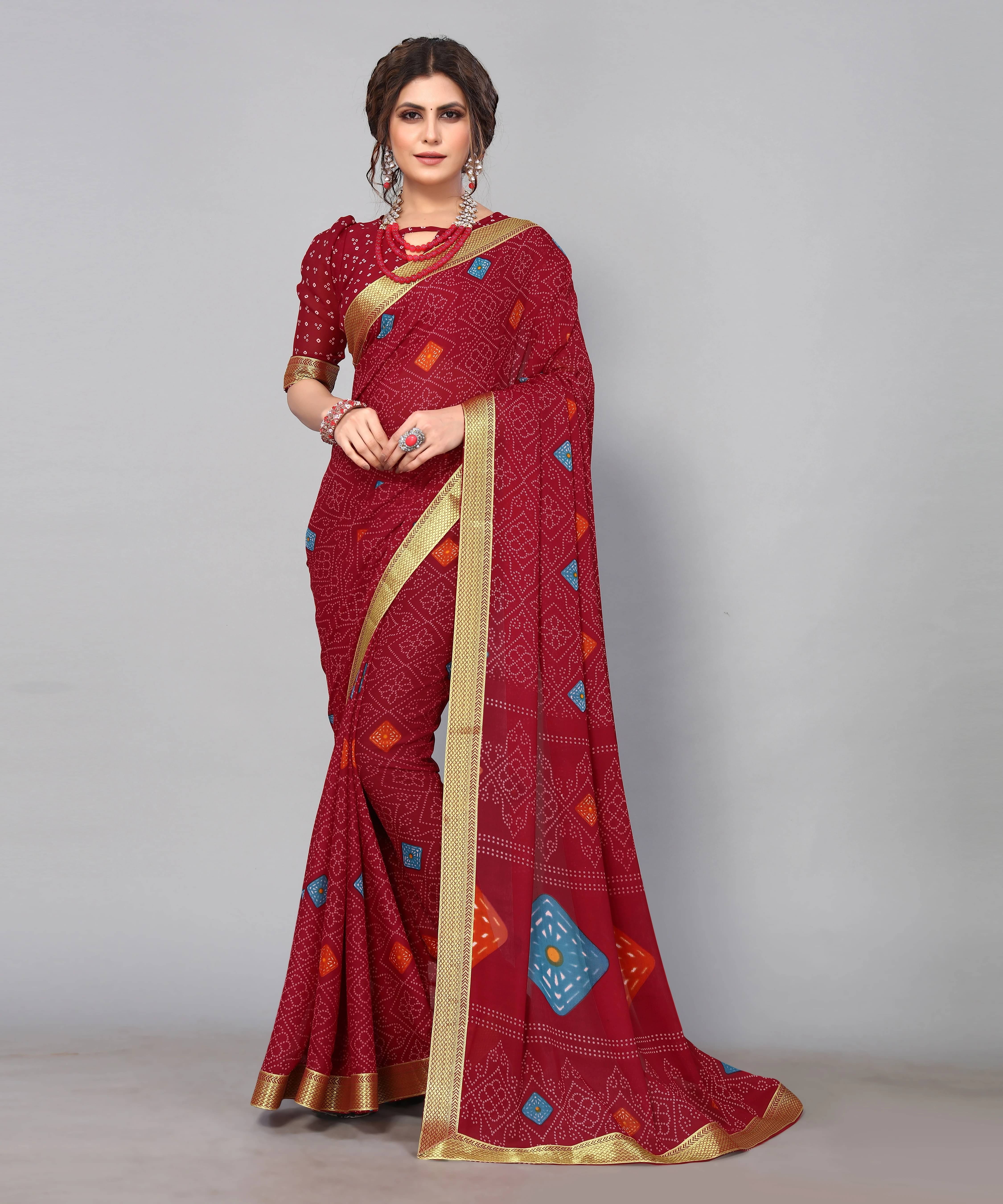 Yashika Georgette Printed Regular Saree With Unstitched Blouse Piece ( Maroon ) Yashika Georgette Printed Regular Saree With Unstitched Blouse Piece ( Maroon )