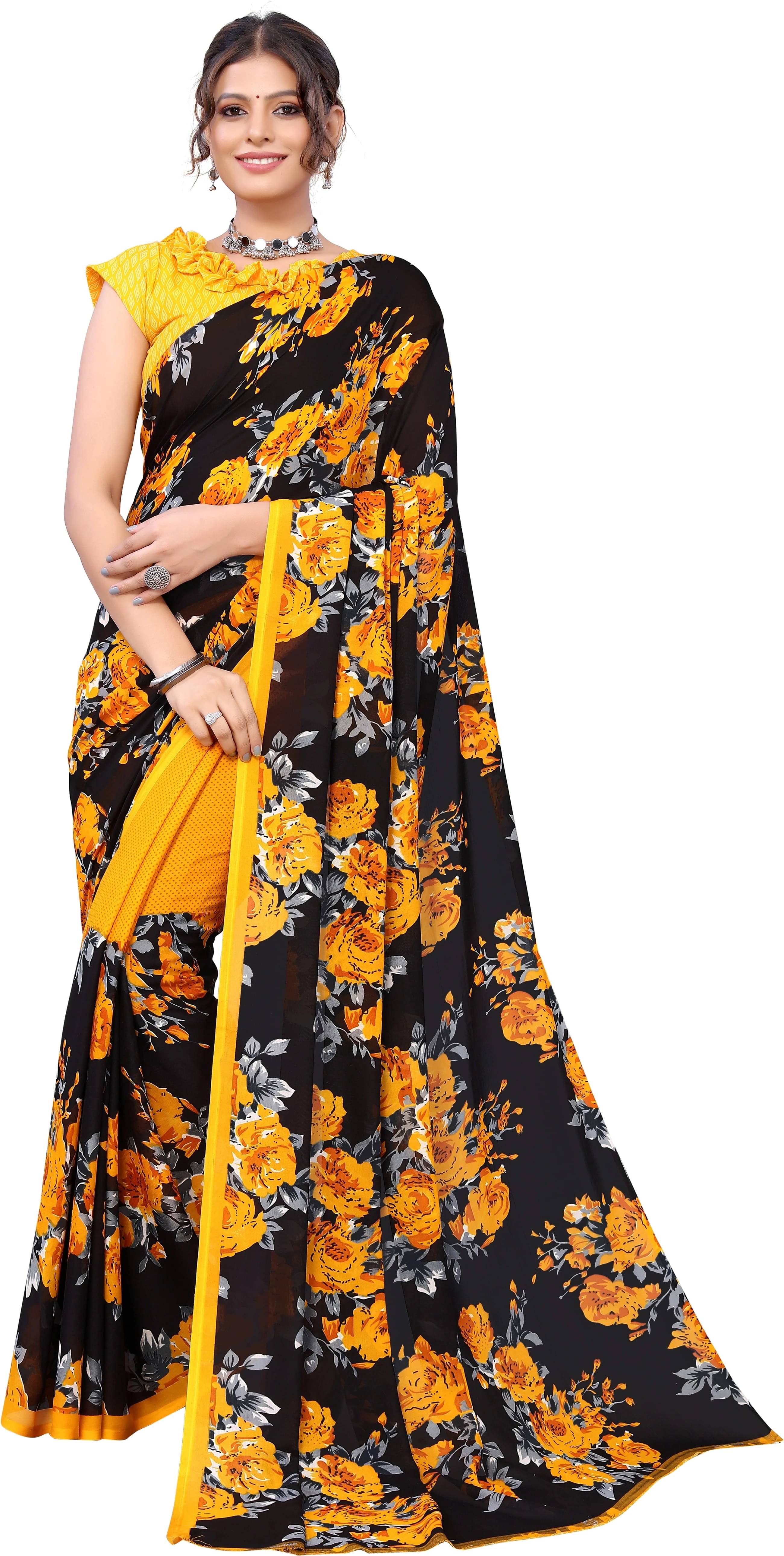 Yashika Georgette Printed Regular Saree With Unstitched Blouse Piece ( Yellow )     			Yashika Georgette Printed Regular Saree With Unstitched Blouse Piece ( Yellow )