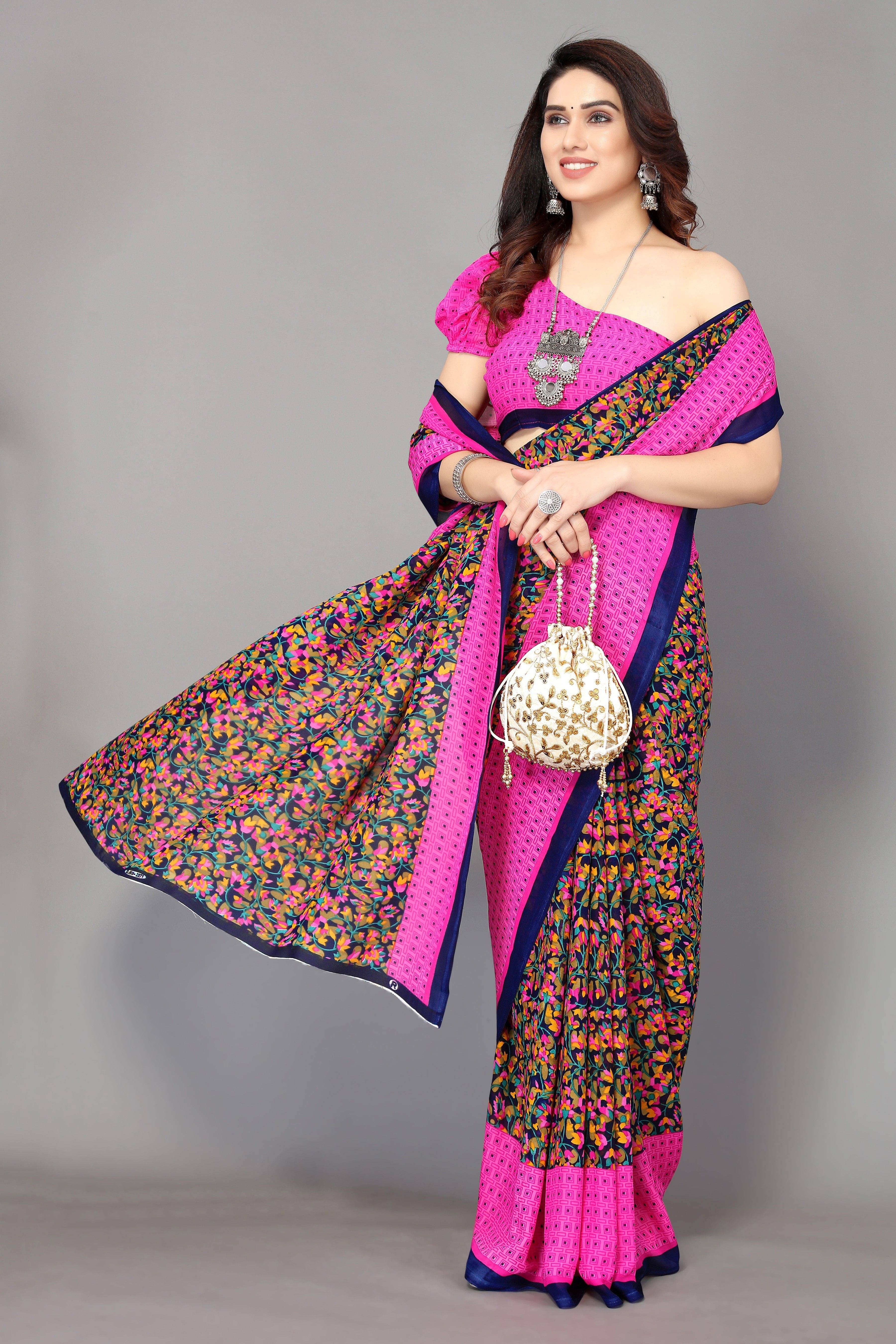 Yashika Georgette Printed Regular Saree With Unstitched Blouse Piece ( Pink ) Yashika Georgette Printed Regular Saree With Unstitched Blouse Piece ( Pink )