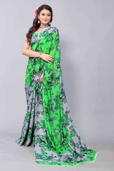     			Yashika Georgette Printed Regular Saree With Unstitched Blouse Piece ( Green )