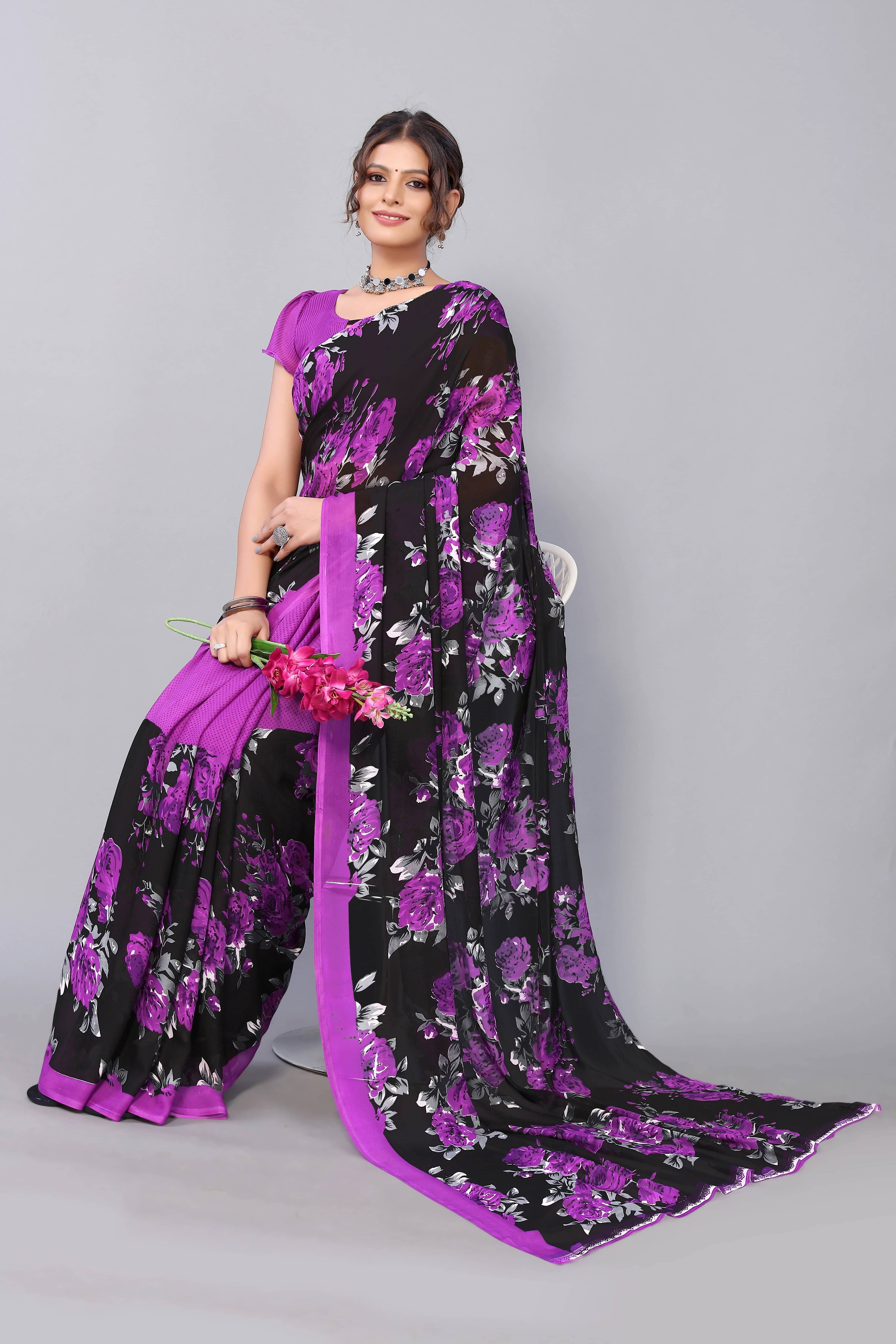     			Yashika Georgette Printed Regular Saree With Unstitched Blouse Piece ( Purple )
