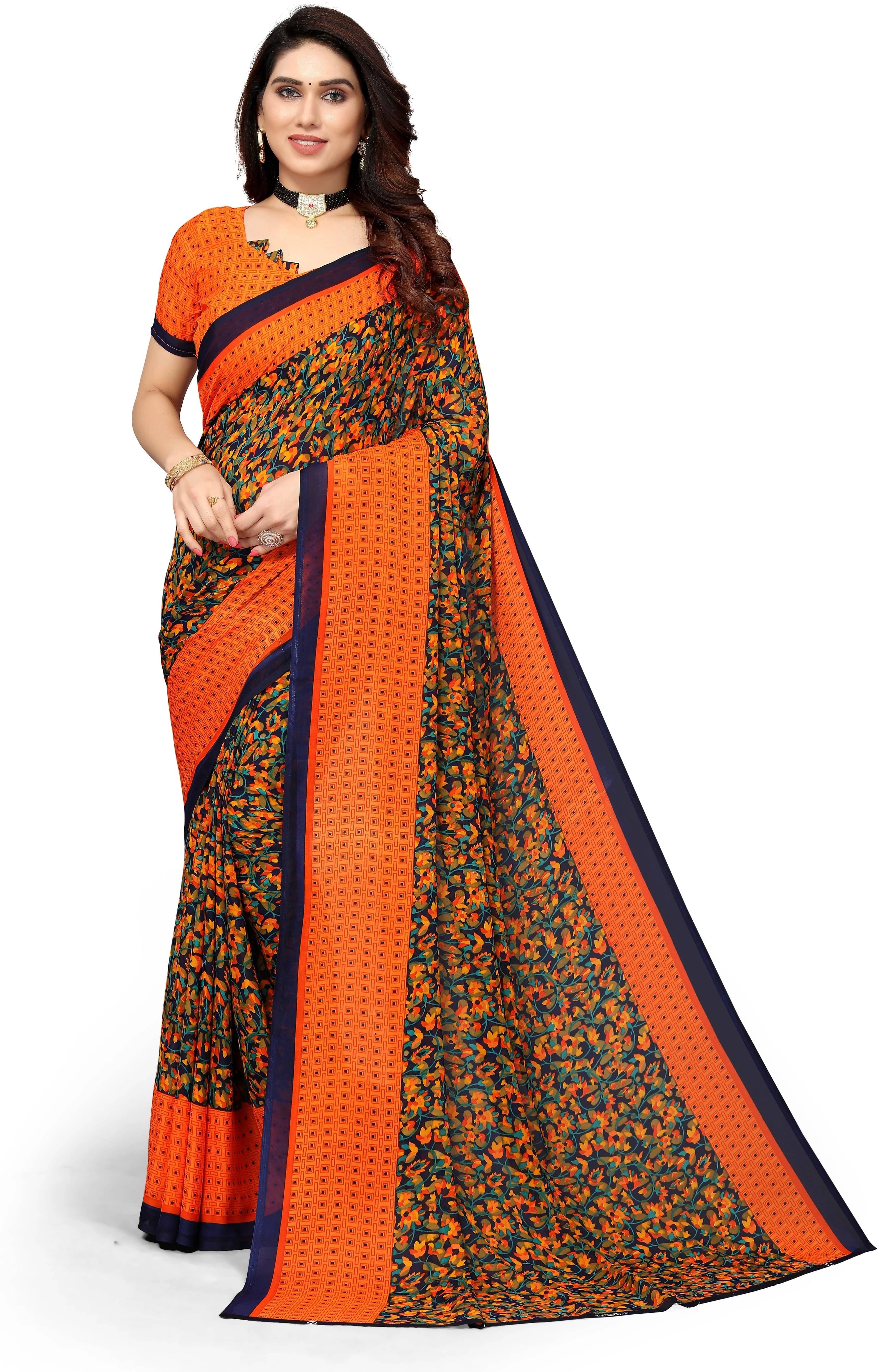 Yashika Georgette Printed Regular Saree With Unstitched Blouse Piece ( Orange ) Yashika Georgette Printed Regular Saree With Unstitched Blouse Piece ( Orange )