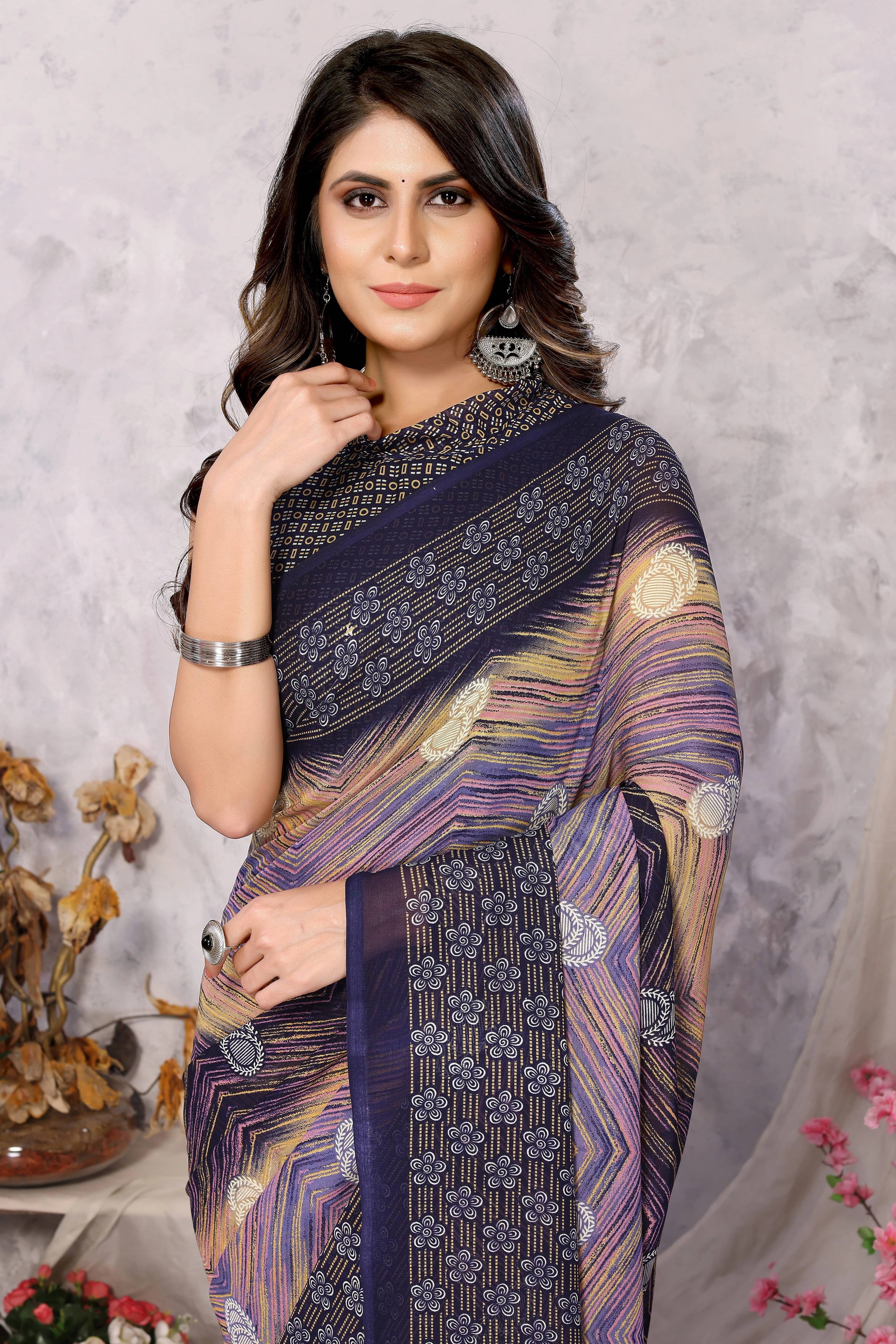 Yashika Georgette Printed Regular Saree With Unstitched Blouse Piece ( Blue ) Yashika Georgette Printed Regular Saree With Unstitched Blouse Piece ( Blue )