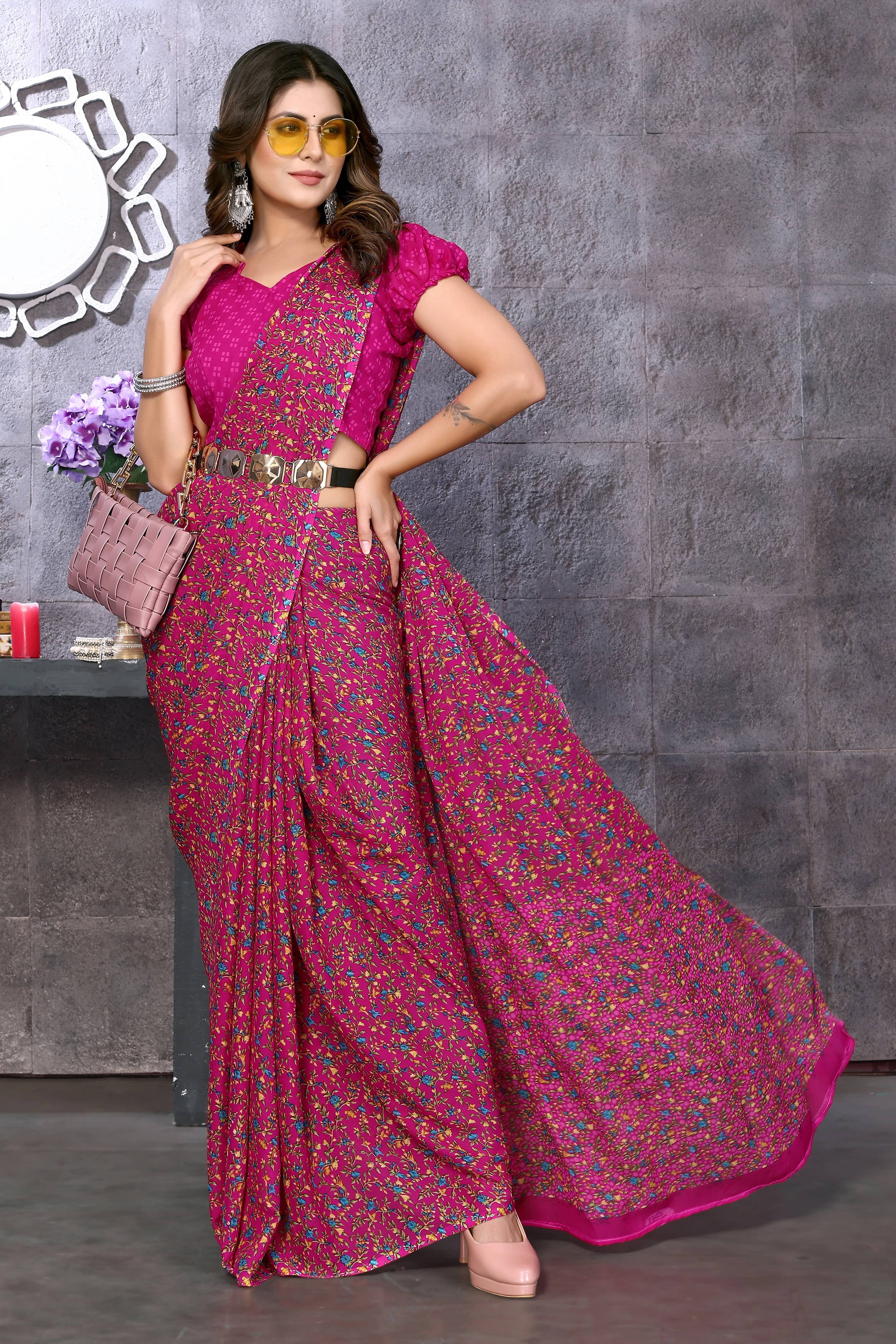 Yashika Georgette Printed Regular Saree With Unstitched Blouse Piece ( Pink ) Yashika Georgette Printed Regular Saree With Unstitched Blouse Piece ( Pink )