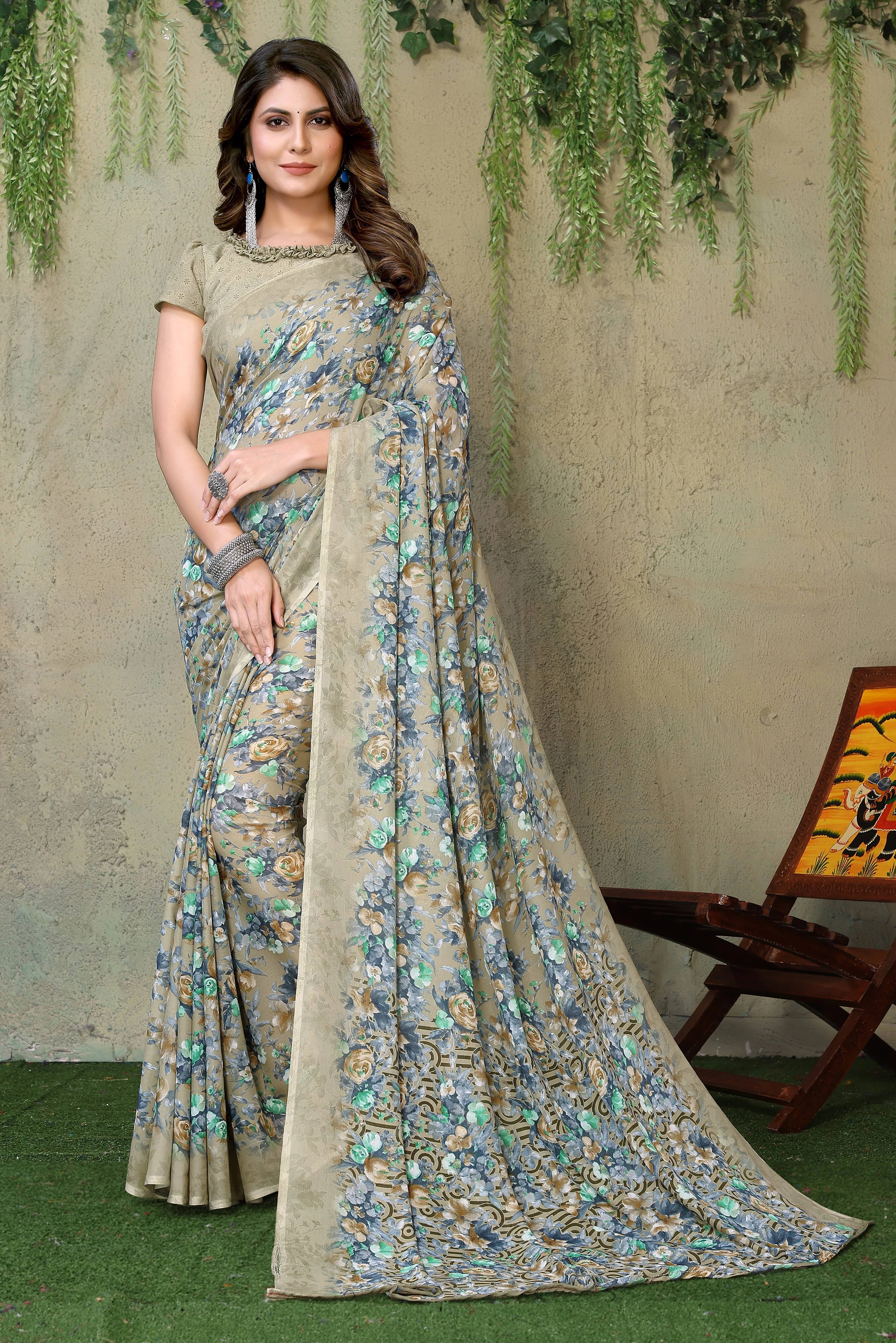 Yashika Georgette Printed Regular Saree With Unstitched Blouse Piece ( Light Green )     			Yashika Georgette Printed Regular Saree With Unstitched Blouse Piece ( Light Green )