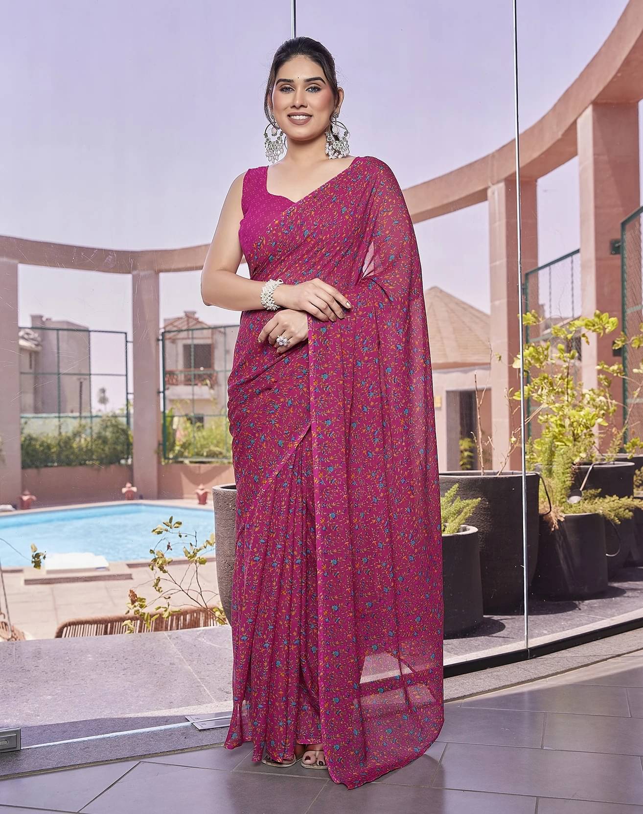 Yashika Georgette Printed Regular Saree With Unstitched Blouse Piece ( Pink ) Yashika Georgette Printed Regular Saree With Unstitched Blouse Piece ( Pink )