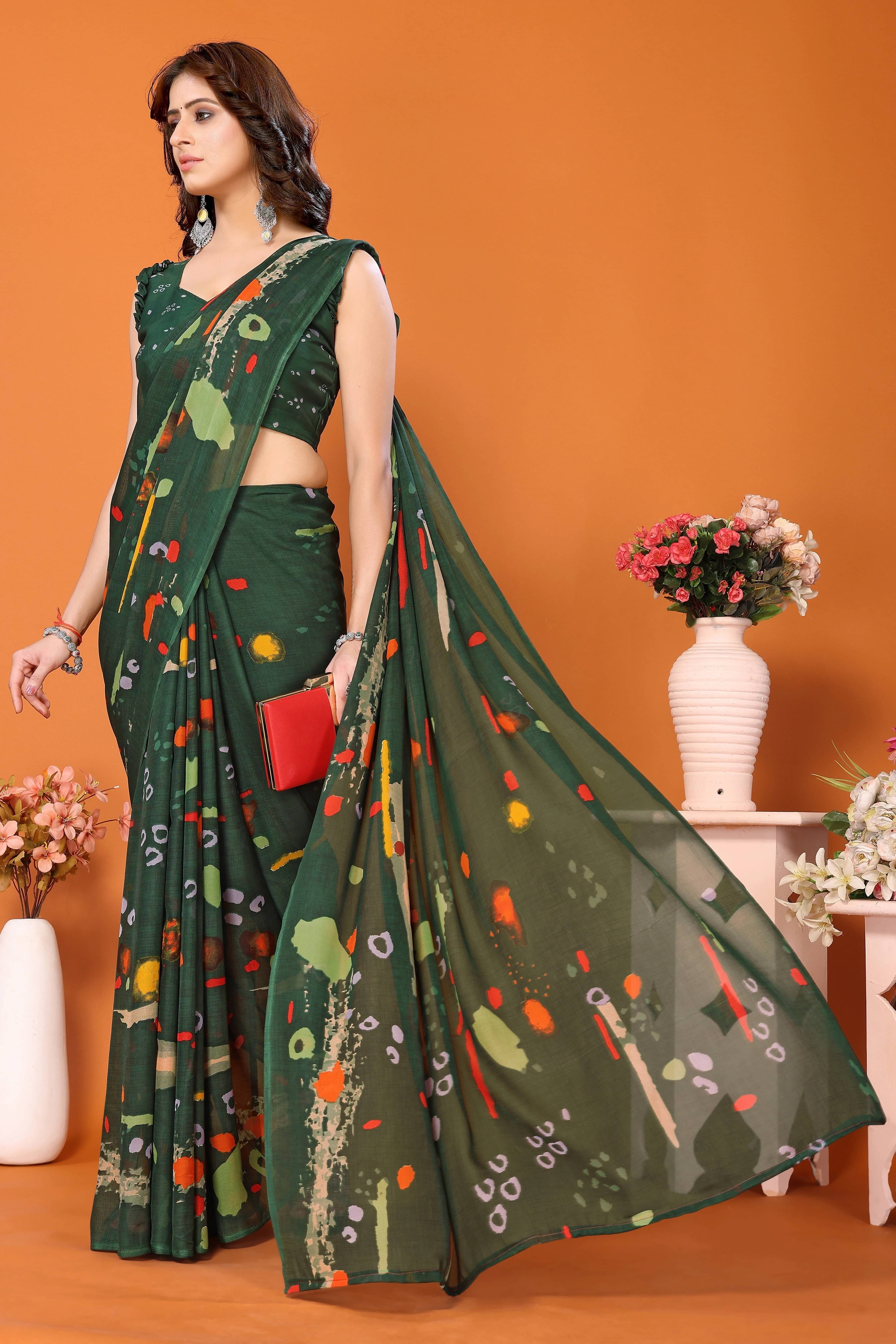     			Yashika Georgette Printed Regular Saree With Unstitched Blouse Piece ( Green )