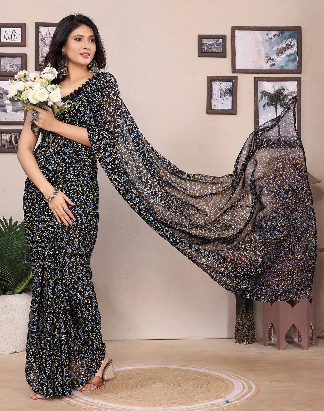     			Yashika Georgette Printed Regular Saree With Unstitched Blouse Piece ( Yellow )