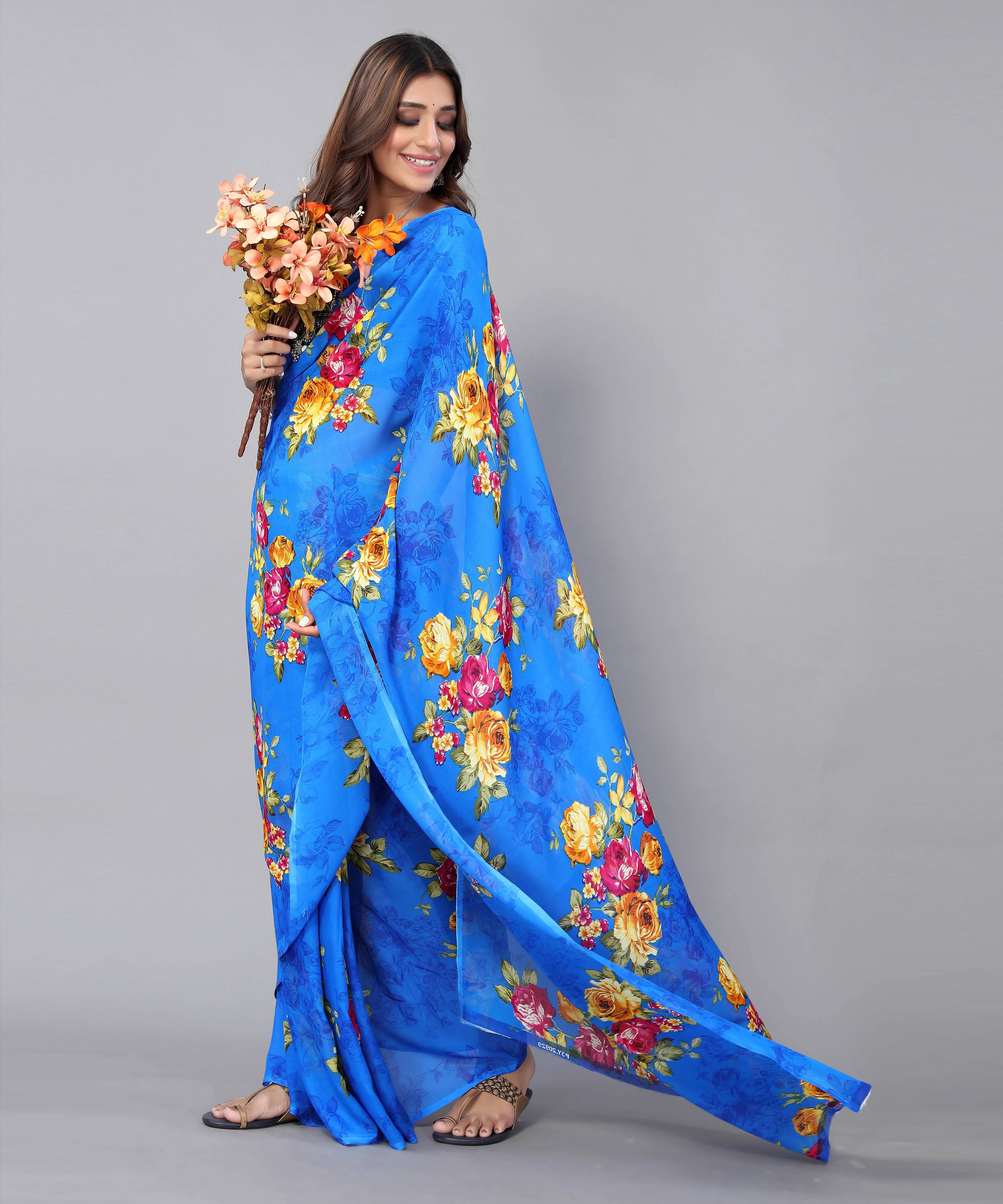     			Yashika Georgette Printed Regular Saree With Unstitched Blouse Piece ( Blue )