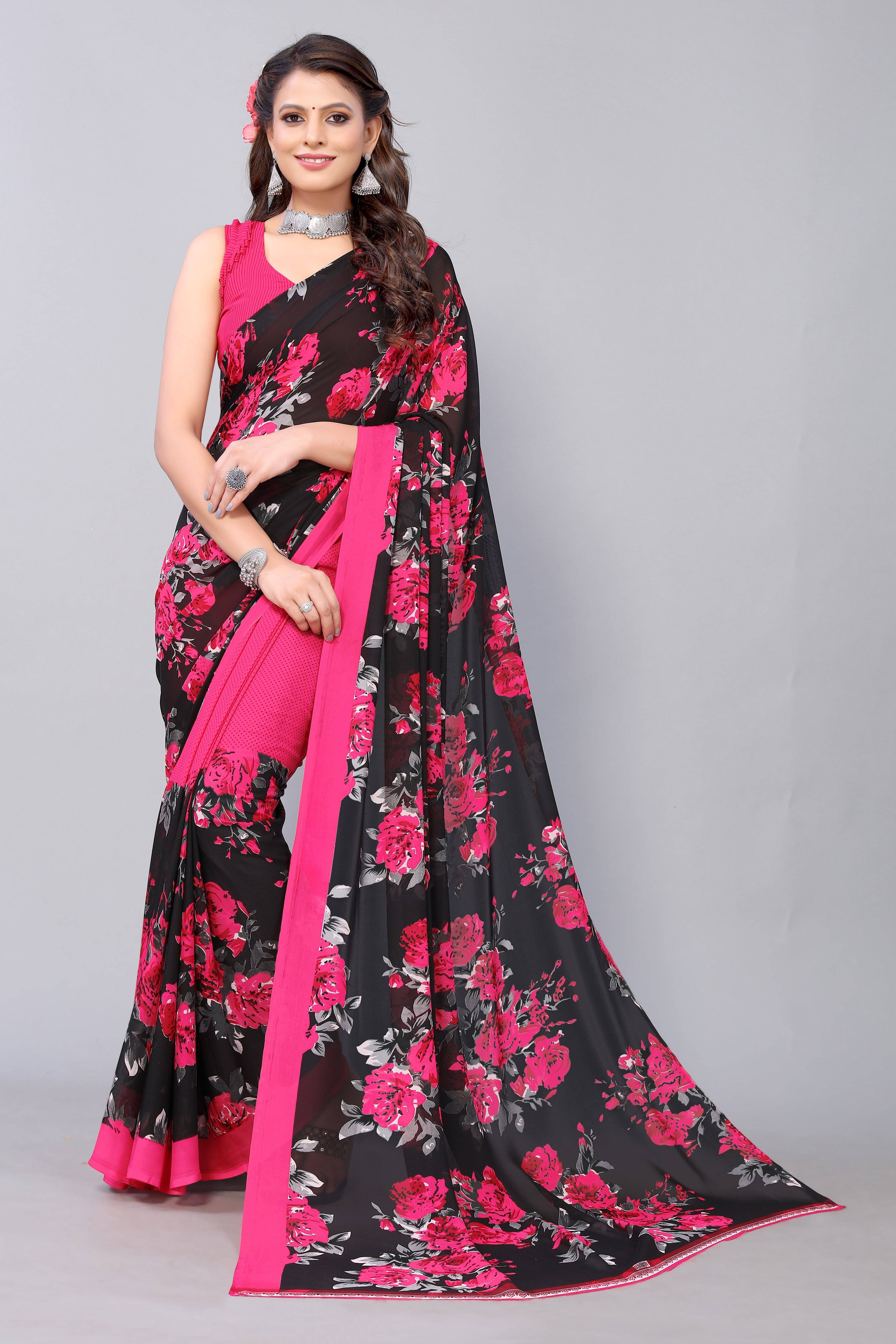     			Yashika Georgette Printed Regular Saree With Unstitched Blouse Piece ( Pink )