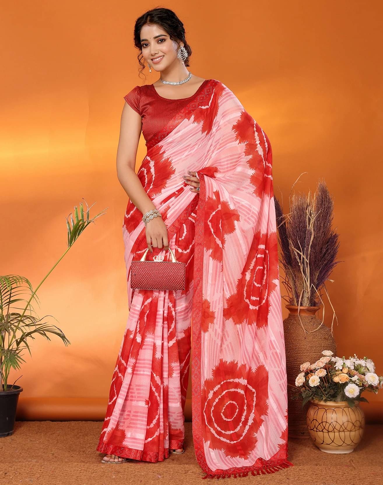     			Yashika Georgette Printed Regular Saree With Unstitched Blouse Piece ( Red )