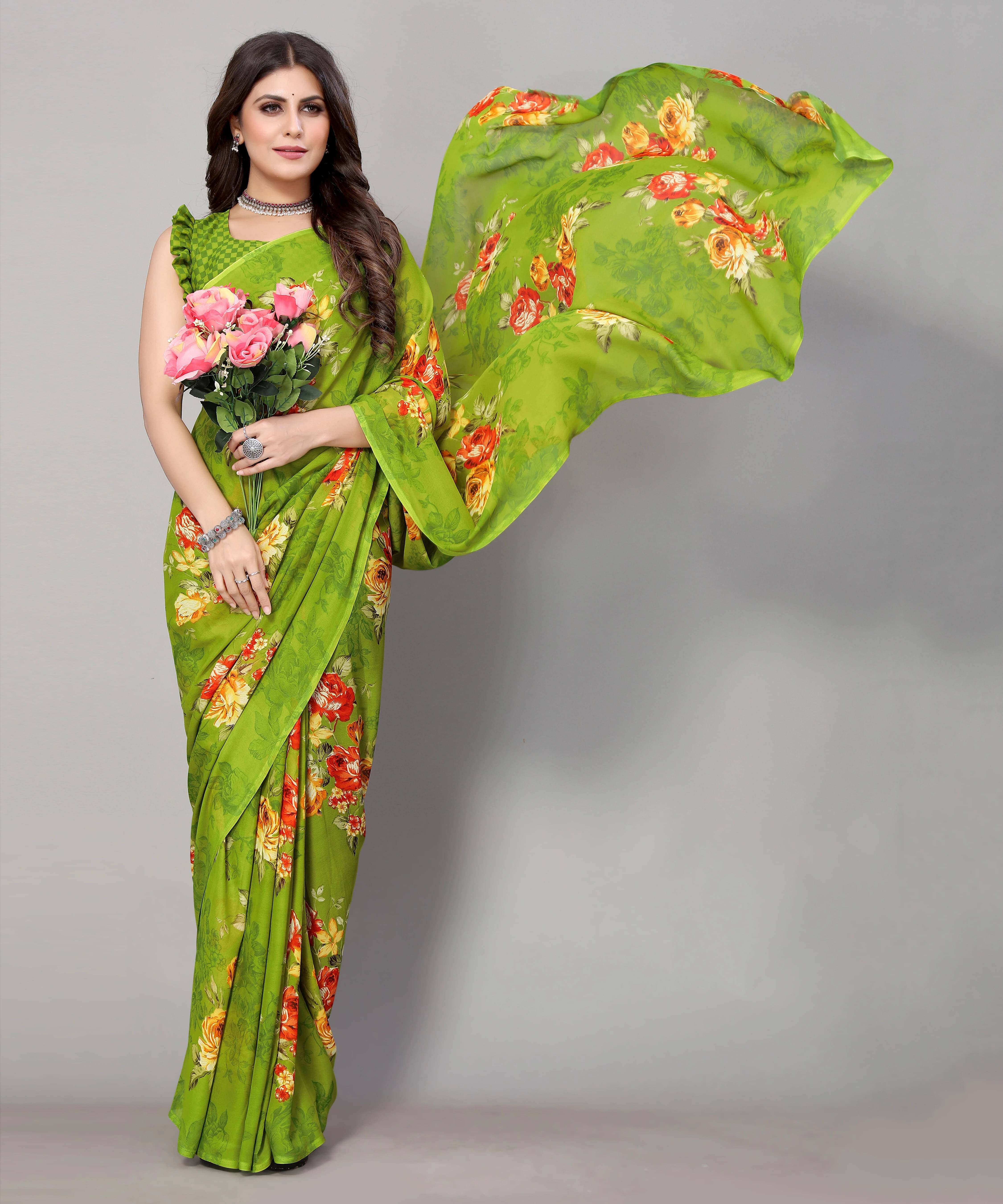 Yashika Georgette Printed Regular Saree With Unstitched Blouse Piece ( Green ) Yashika Georgette Printed Regular Saree With Unstitched Blouse Piece ( Green )