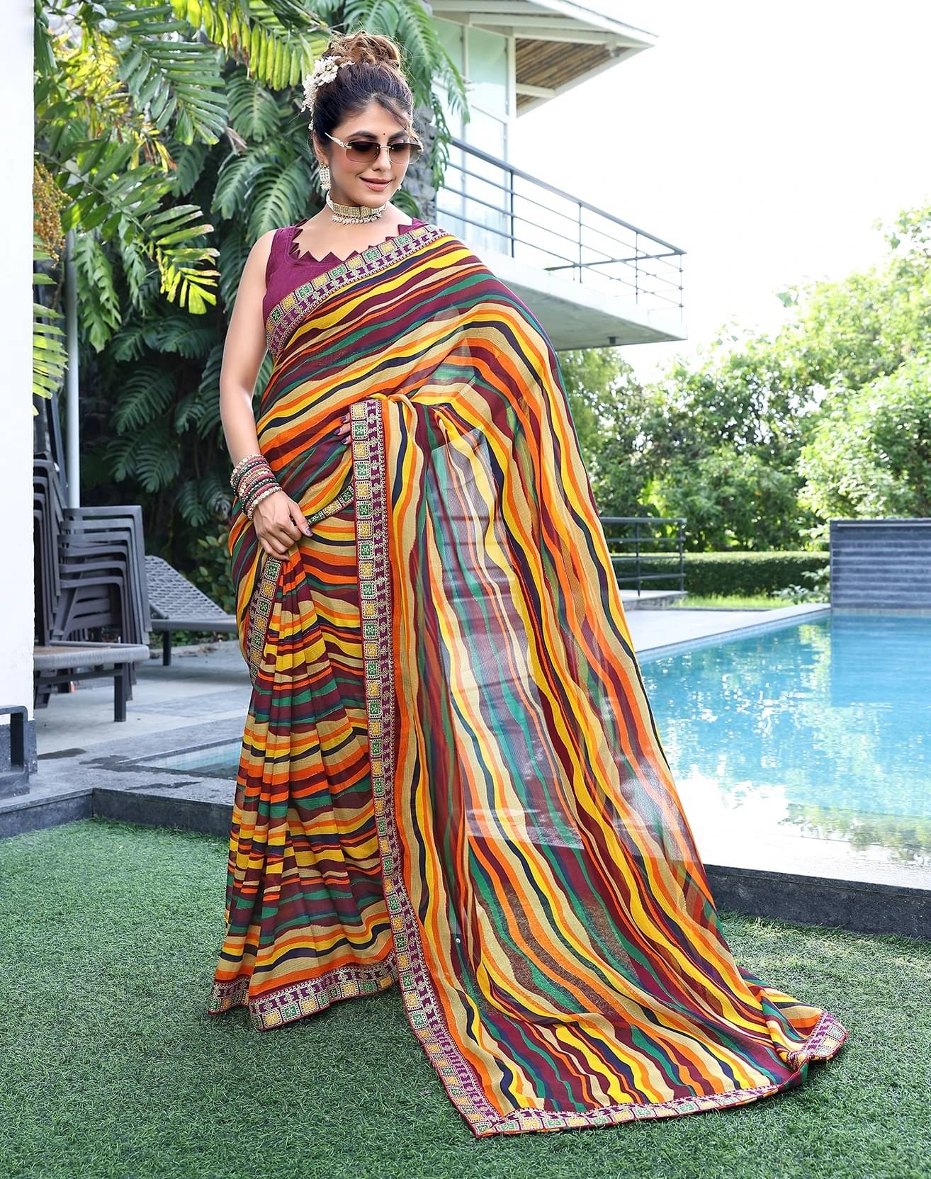 Yashika Georgette Printed Regular Saree With Unstitched Blouse Piece ( Purple )     			Yashika Georgette Printed Regular Saree With Unstitched Blouse Piece ( Purple )