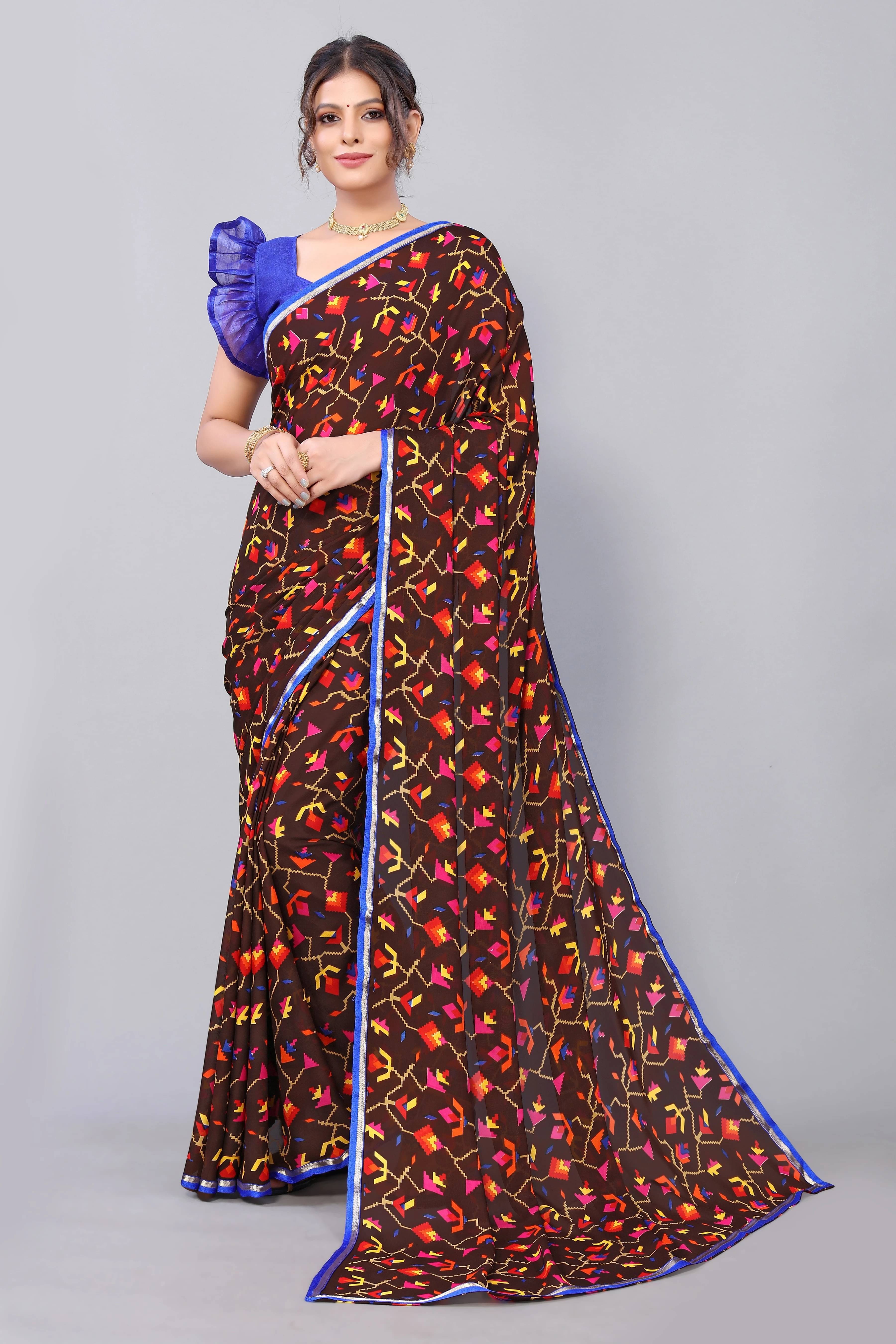     			Yashika Georgette Printed Regular Saree With Unstitched Blouse Piece ( Brown )