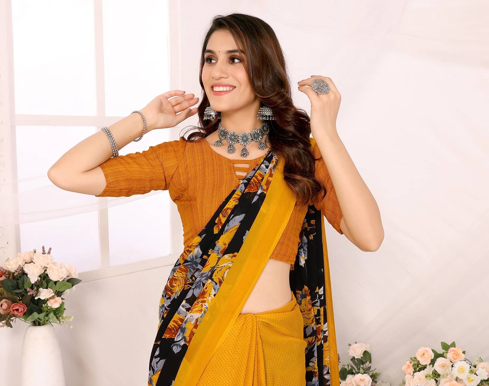 Yashika Georgette Printed Regular Saree With Unstitched Blouse Piece ( Yellow ) Yashika Georgette Printed Regular Saree With Unstitched Blouse Piece ( Yellow )