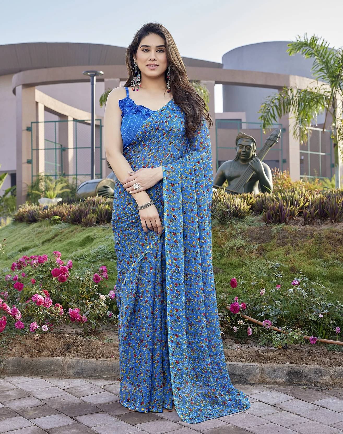     			Yashika Georgette Printed Regular Saree With Unstitched Blouse Piece ( Blue )