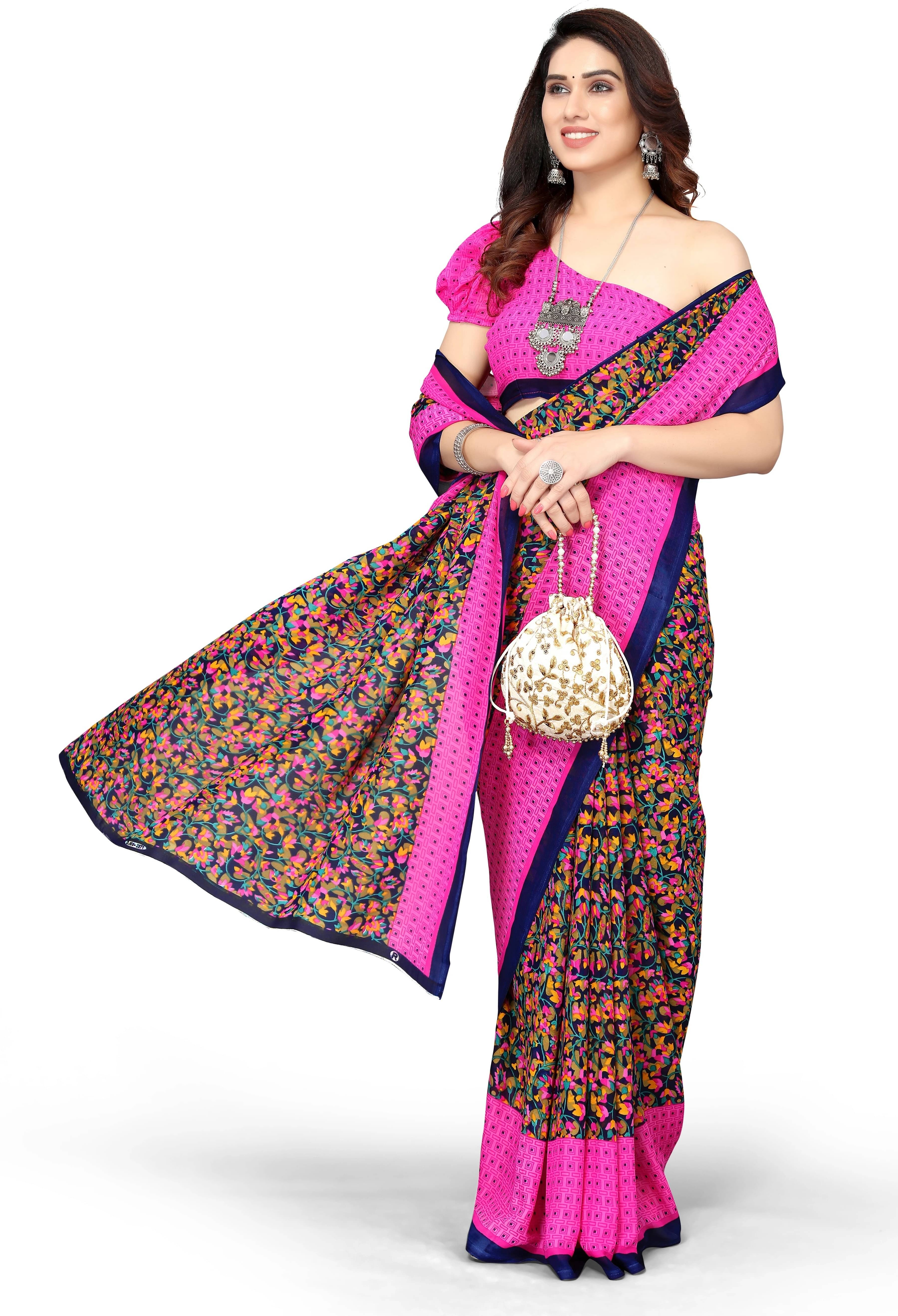 Yashika Georgette Printed Regular Saree With Unstitched Blouse Piece ( Pink ) Yashika Georgette Printed Regular Saree With Unstitched Blouse Piece ( Pink )