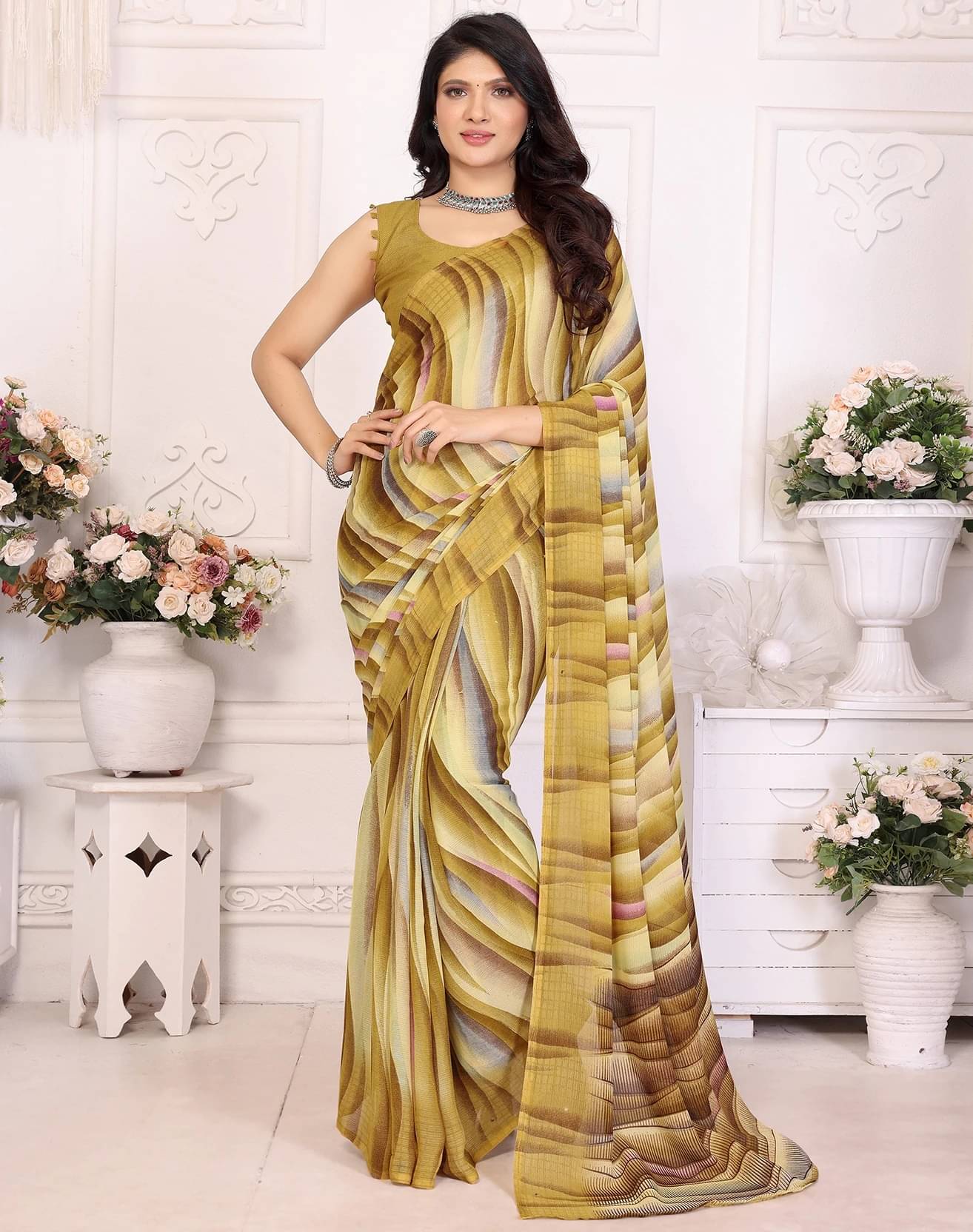 Yashika Georgette Printed Regular Saree With Unstitched Blouse Piece ( Brown ) Yashika Georgette Printed Regular Saree With Unstitched Blouse Piece ( Brown )