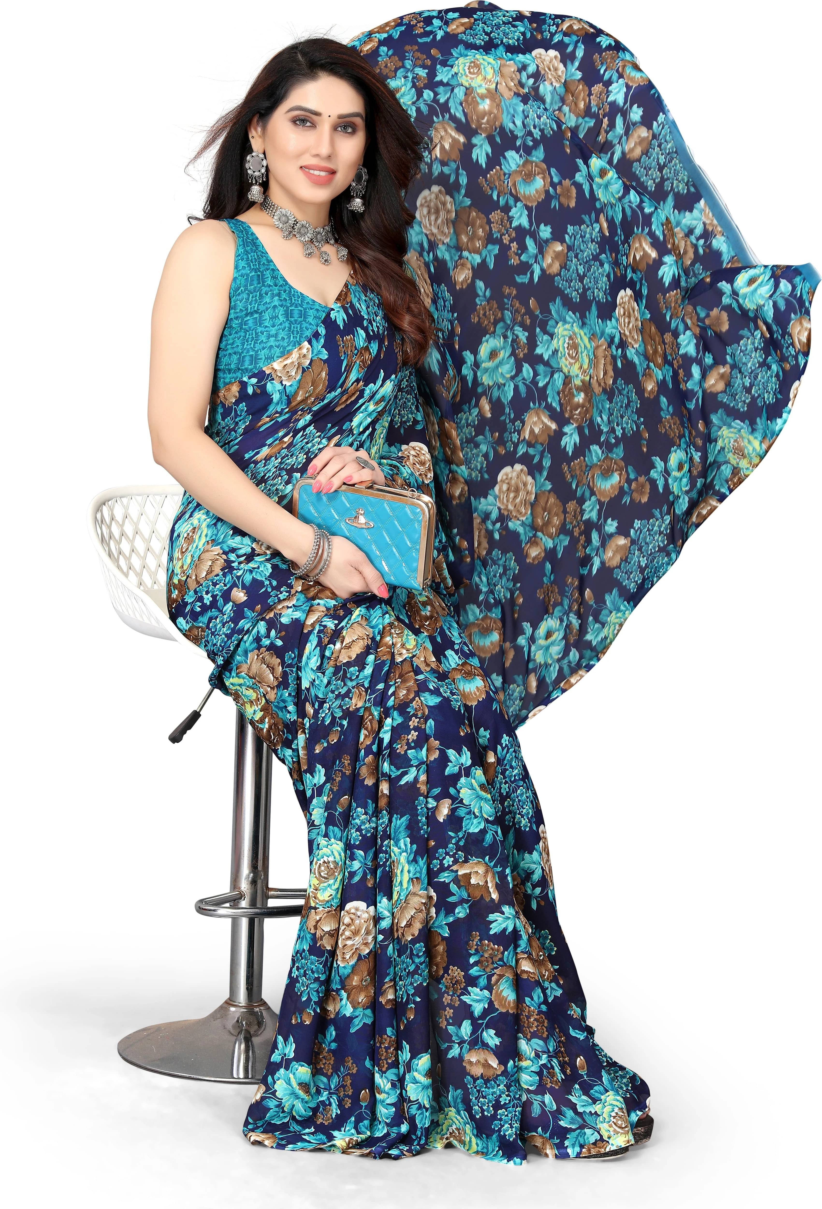     			Yashika Georgette Printed Regular Saree With Unstitched Blouse Piece ( Blue )