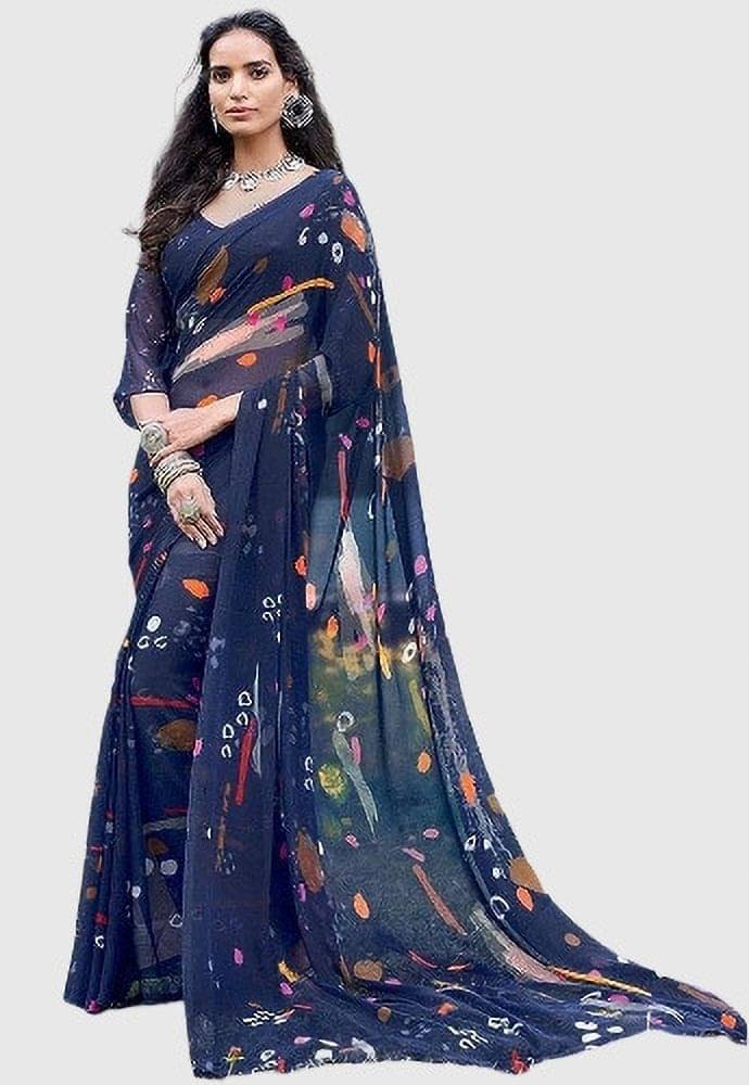 Yashika Georgette Printed Regular Saree With Unstitched Blouse Piece ( Blue )     			Yashika Georgette Printed Regular Saree With Unstitched Blouse Piece ( Blue )