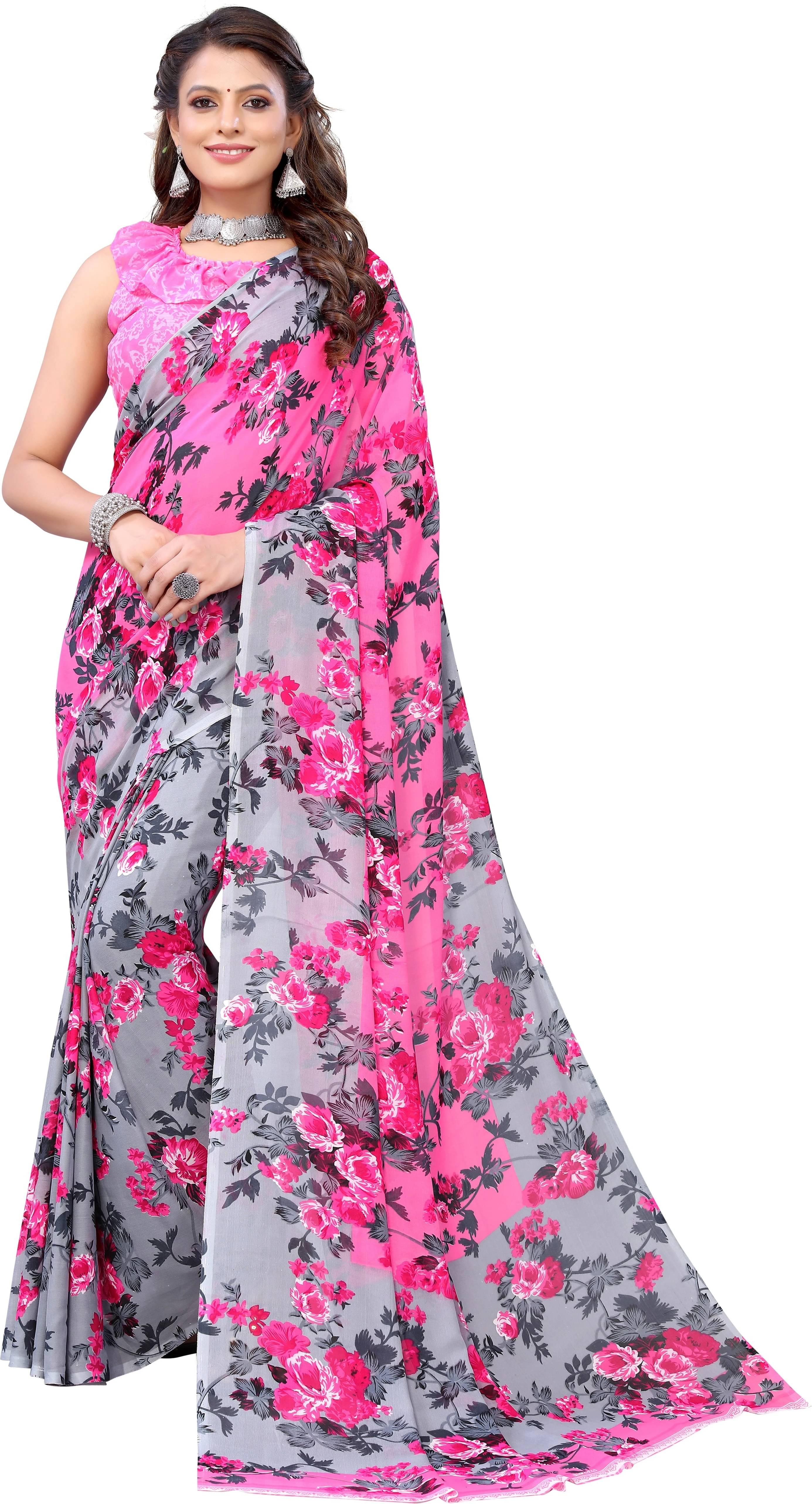 Yashika Georgette Printed Regular Saree With Unstitched Blouse Piece ( Pink ) Yashika Georgette Printed Regular Saree With Unstitched Blouse Piece ( Pink )