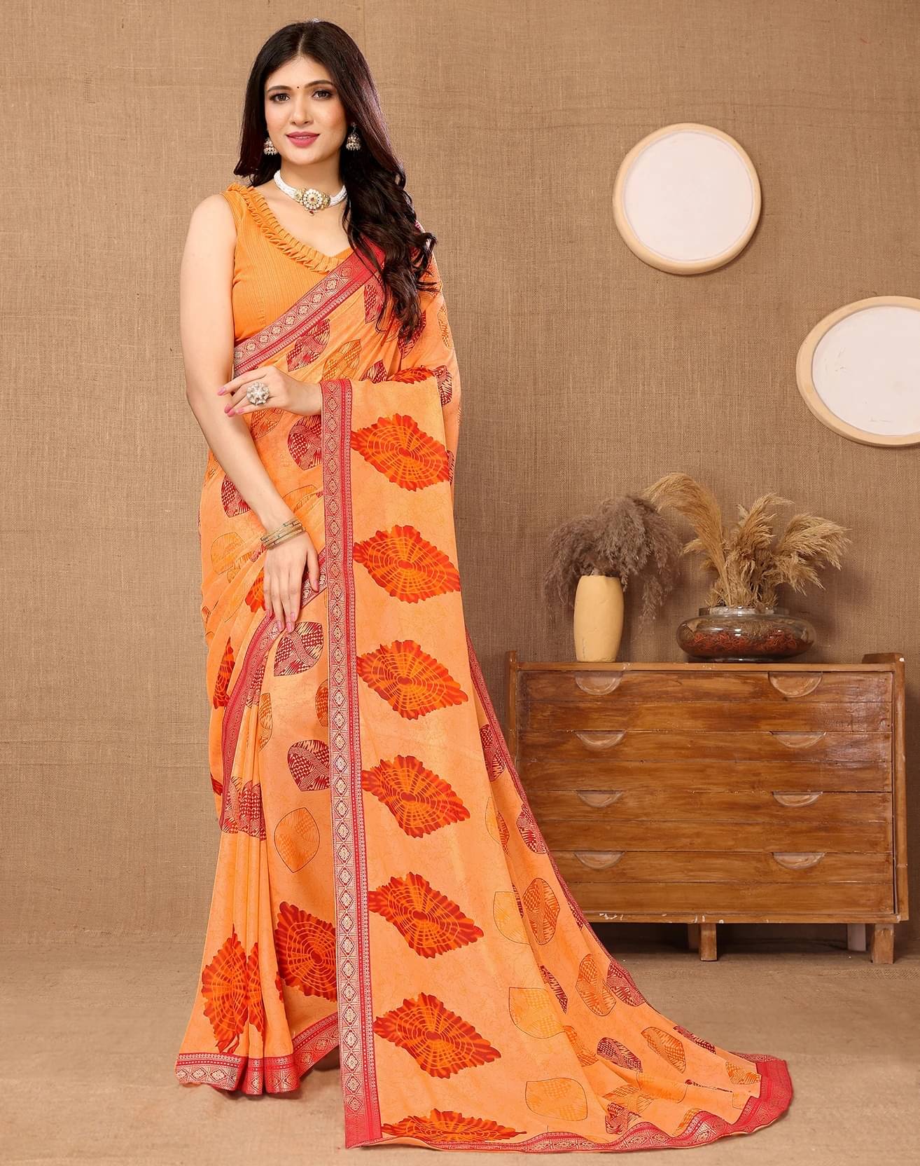Yashika Georgette Printed Regular Saree With Unstitched Blouse Piece ( Orange ) Yashika Georgette Printed Regular Saree With Unstitched Blouse Piece ( Orange )