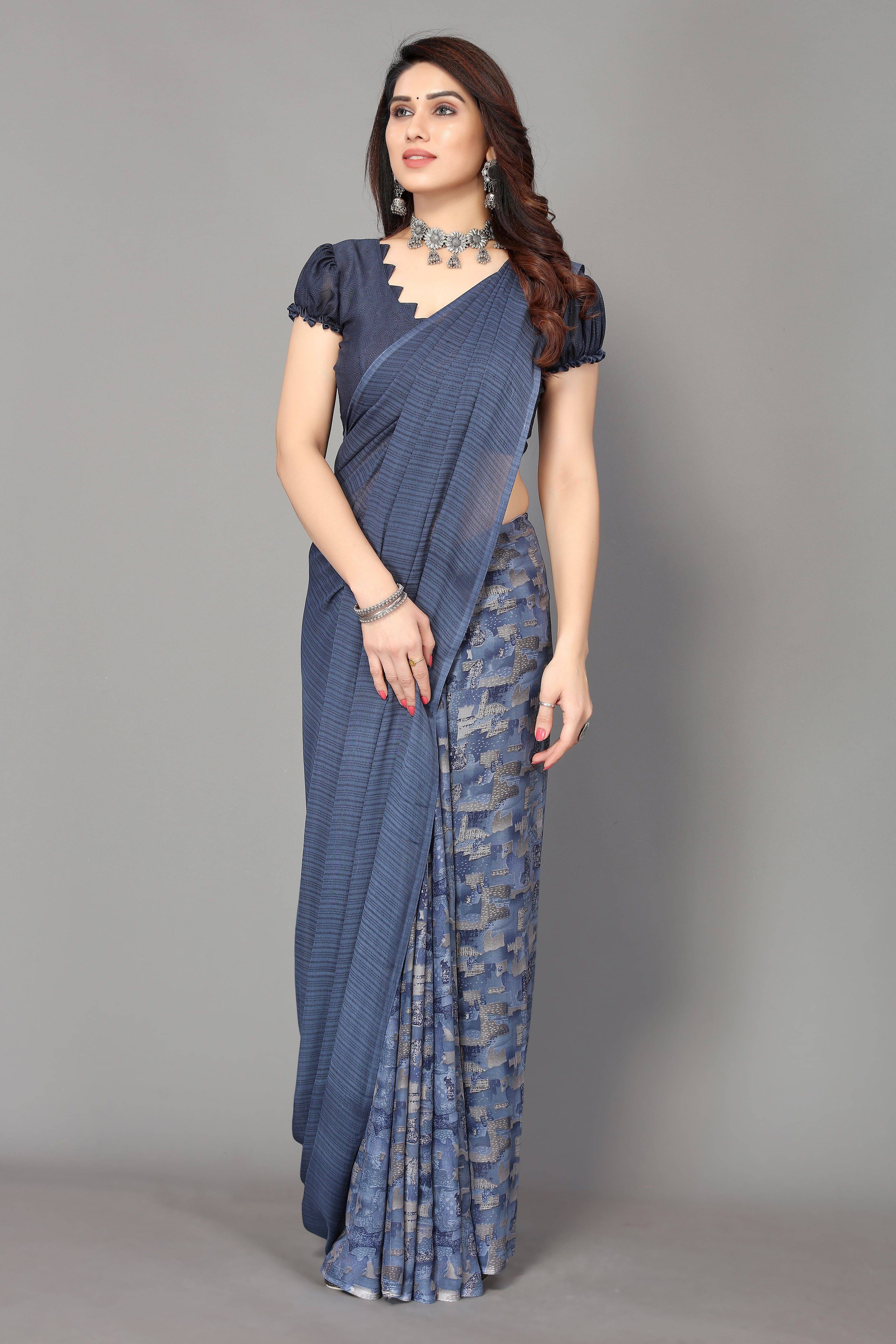     			Yashika Georgette Printed Regular Saree With Unstitched Blouse Piece ( Navy Blue )
