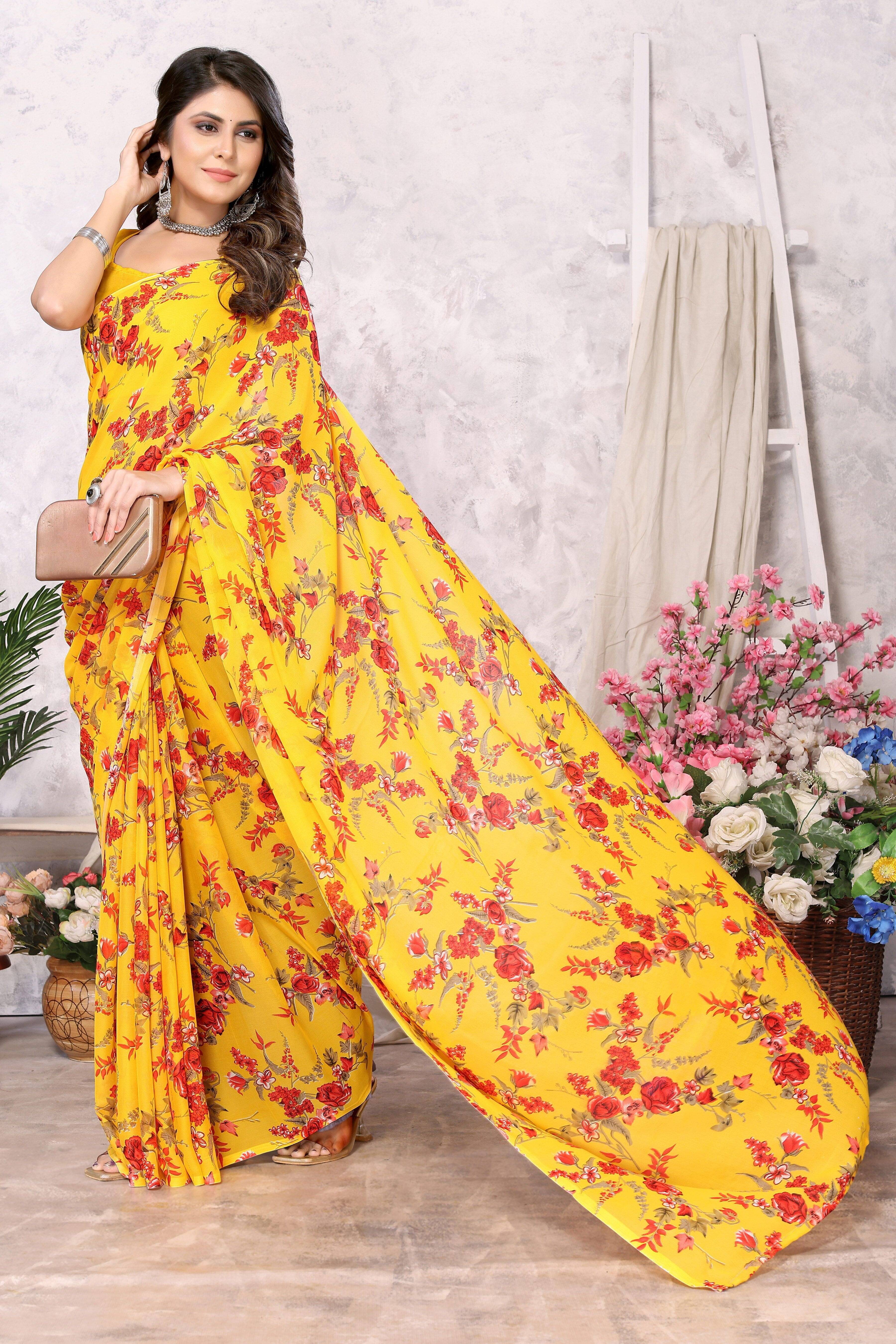 Yashika Georgette Printed Regular Saree With Unstitched Blouse Piece ( Yellow )     			Yashika Georgette Printed Regular Saree With Unstitched Blouse Piece ( Yellow )