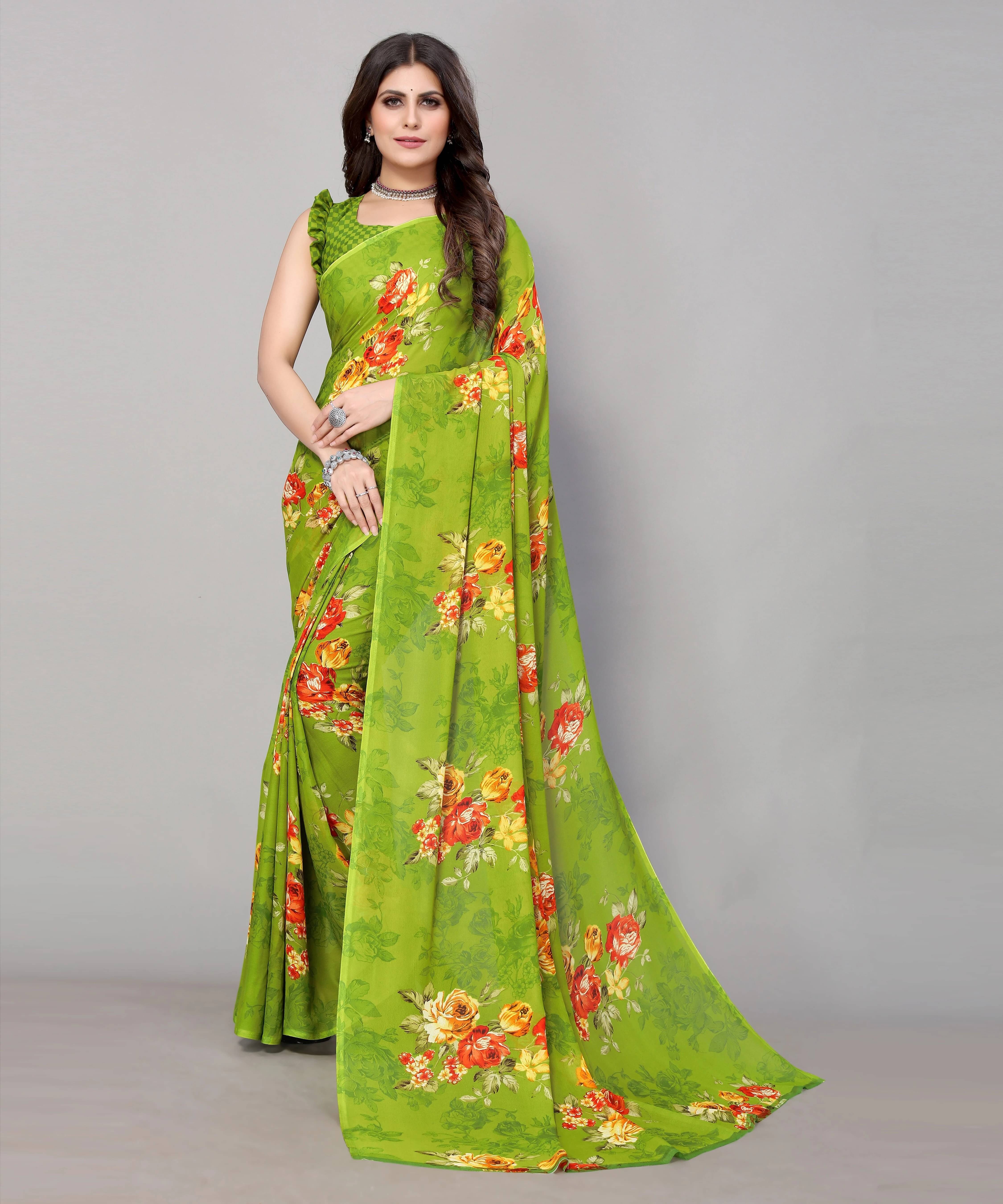 Yashika Georgette Printed Regular Saree With Unstitched Blouse Piece ( Light Green ) Yashika Georgette Printed Regular Saree With Unstitched Blouse Piece ( Light Green )