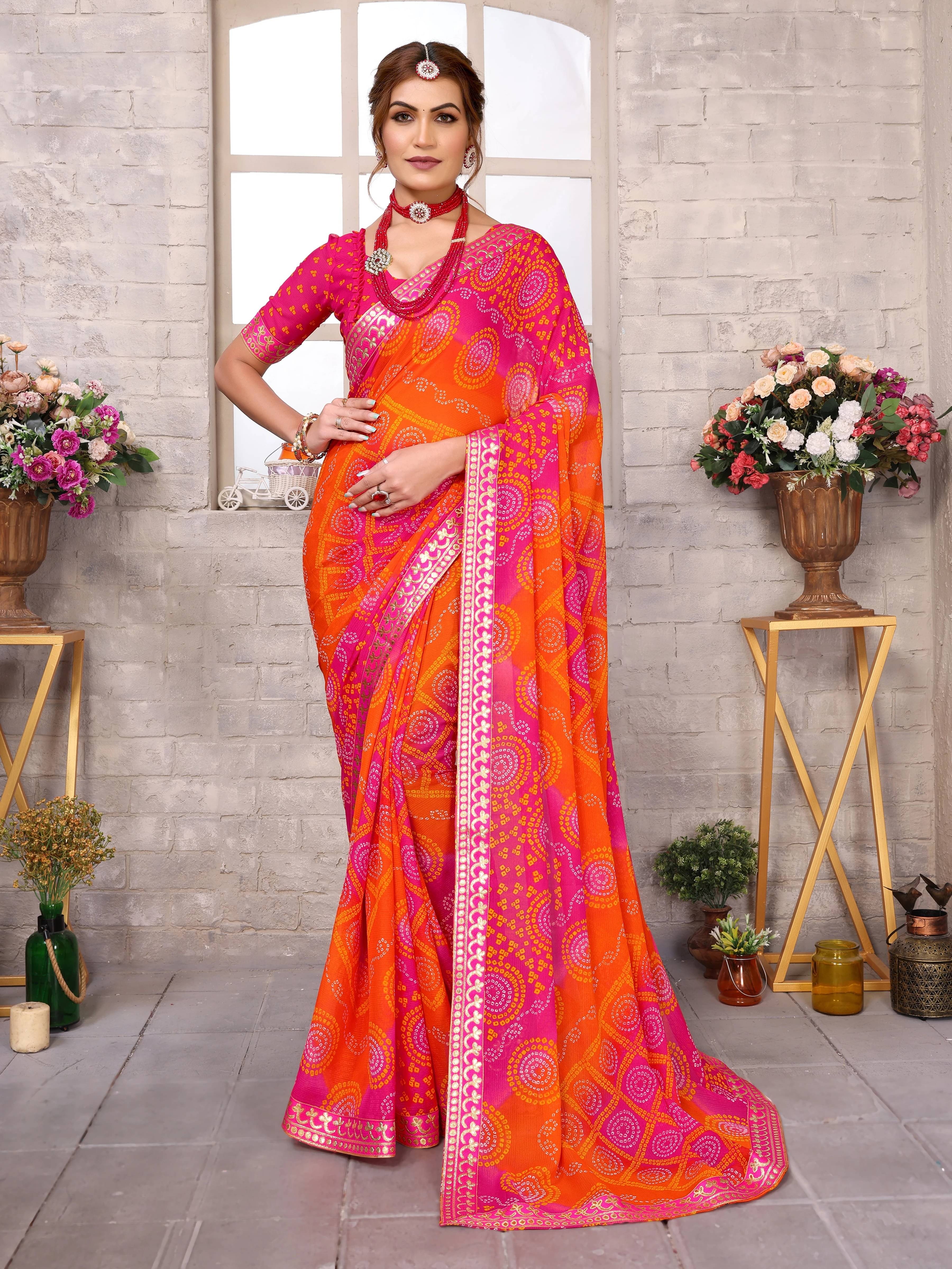     			Yashika Georgette Printed Regular Saree With Unstitched Blouse Piece ( Pink )