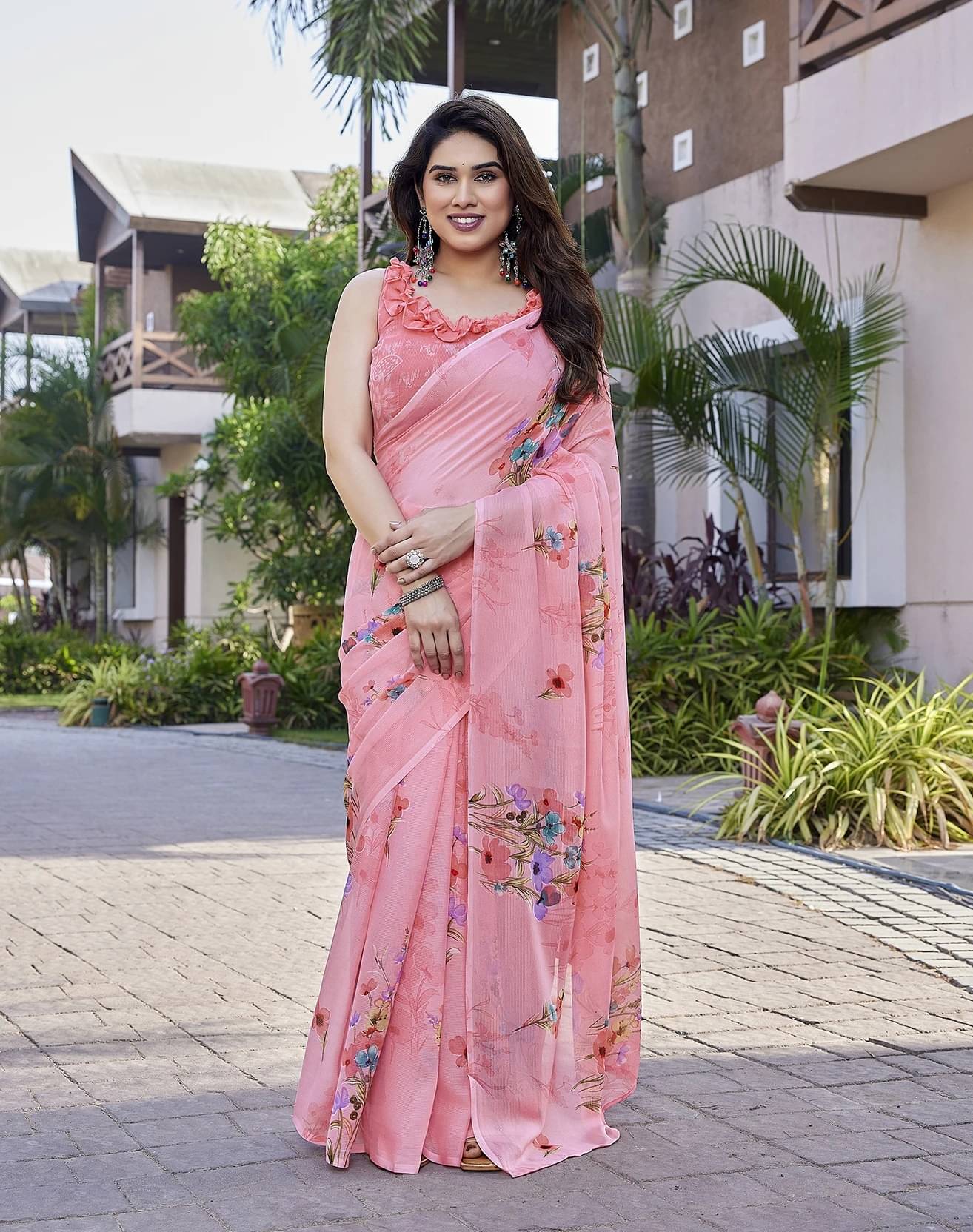 Yashika Georgette Printed Regular Saree With Unstitched Blouse Piece ( Pink ) Yashika Georgette Printed Regular Saree With Unstitched Blouse Piece ( Pink )