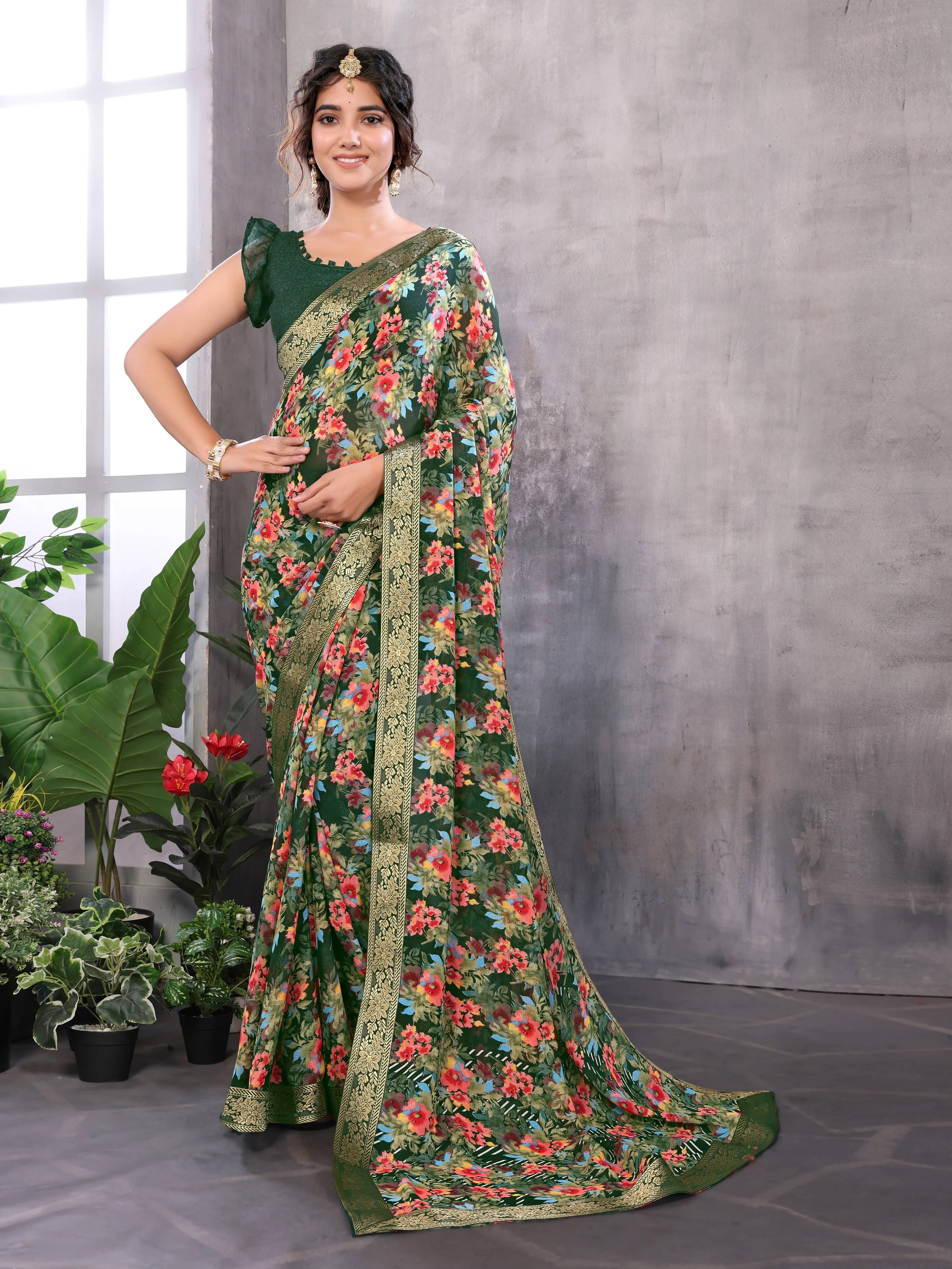 Yashika Georgette Printed Regular Saree With Unstitched Blouse Piece ( Green ) Yashika Georgette Printed Regular Saree With Unstitched Blouse Piece ( Green )