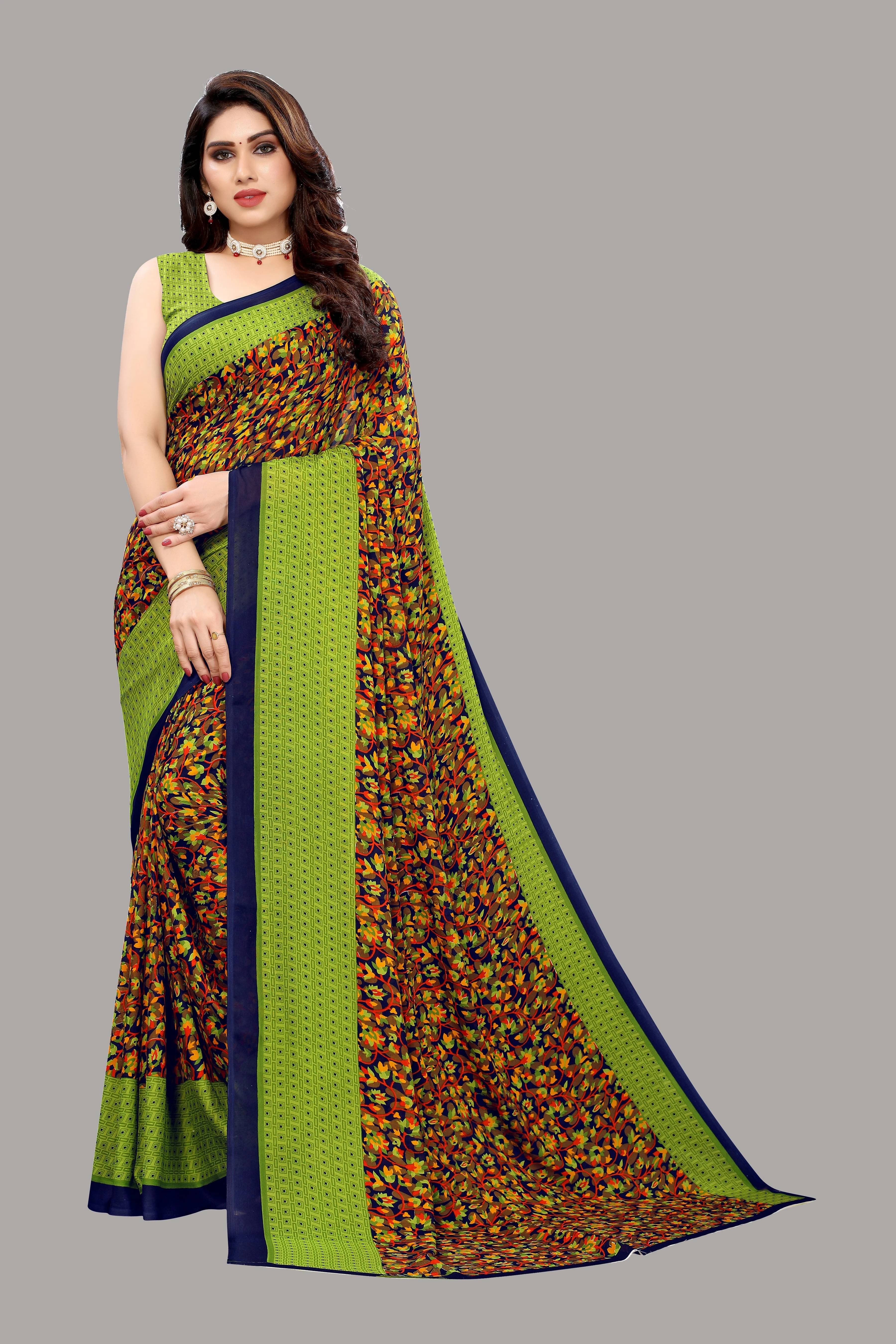 Yashika Georgette Printed Regular Saree With Unstitched Blouse Piece ( Light Green ) Yashika Georgette Printed Regular Saree With Unstitched Blouse Piece ( Light Green )