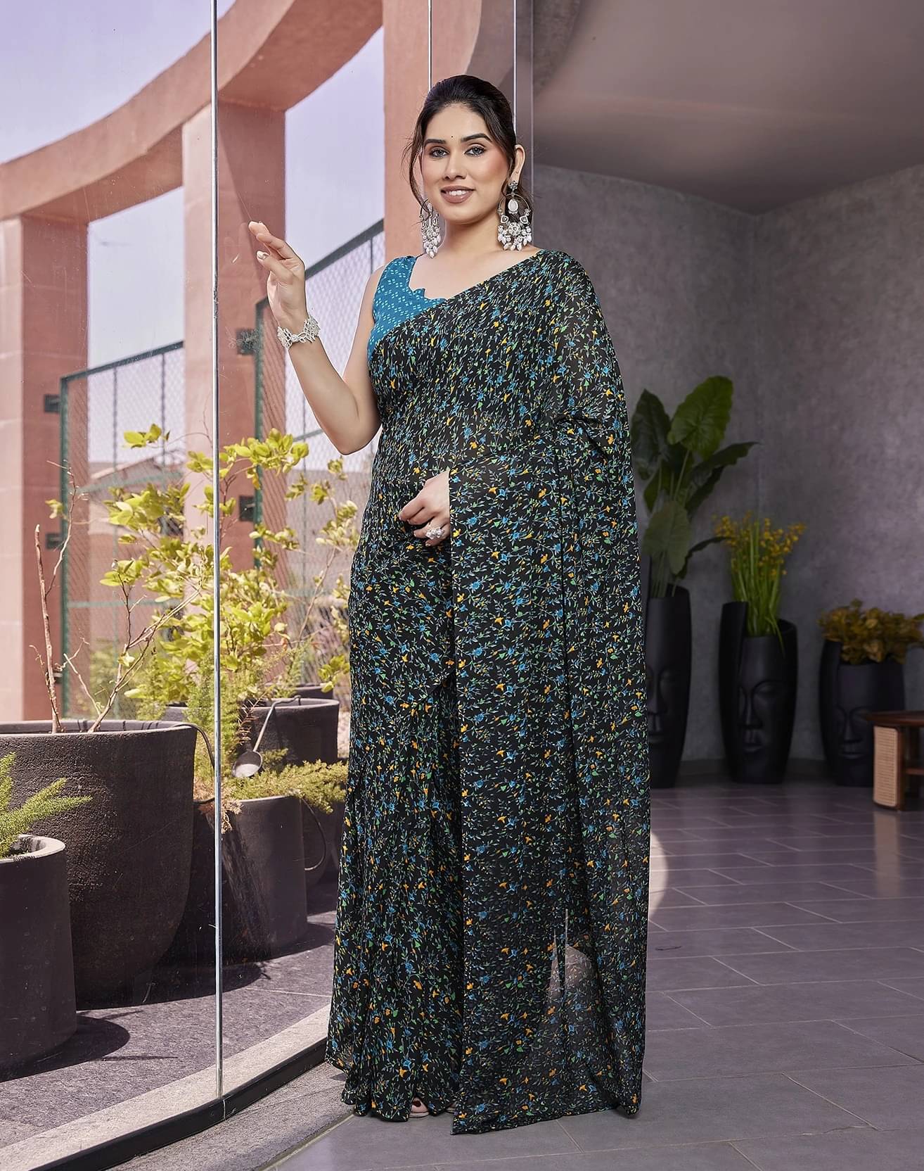    			Yashika Georgette Printed Regular Saree With Unstitched Blouse Piece ( Blue )