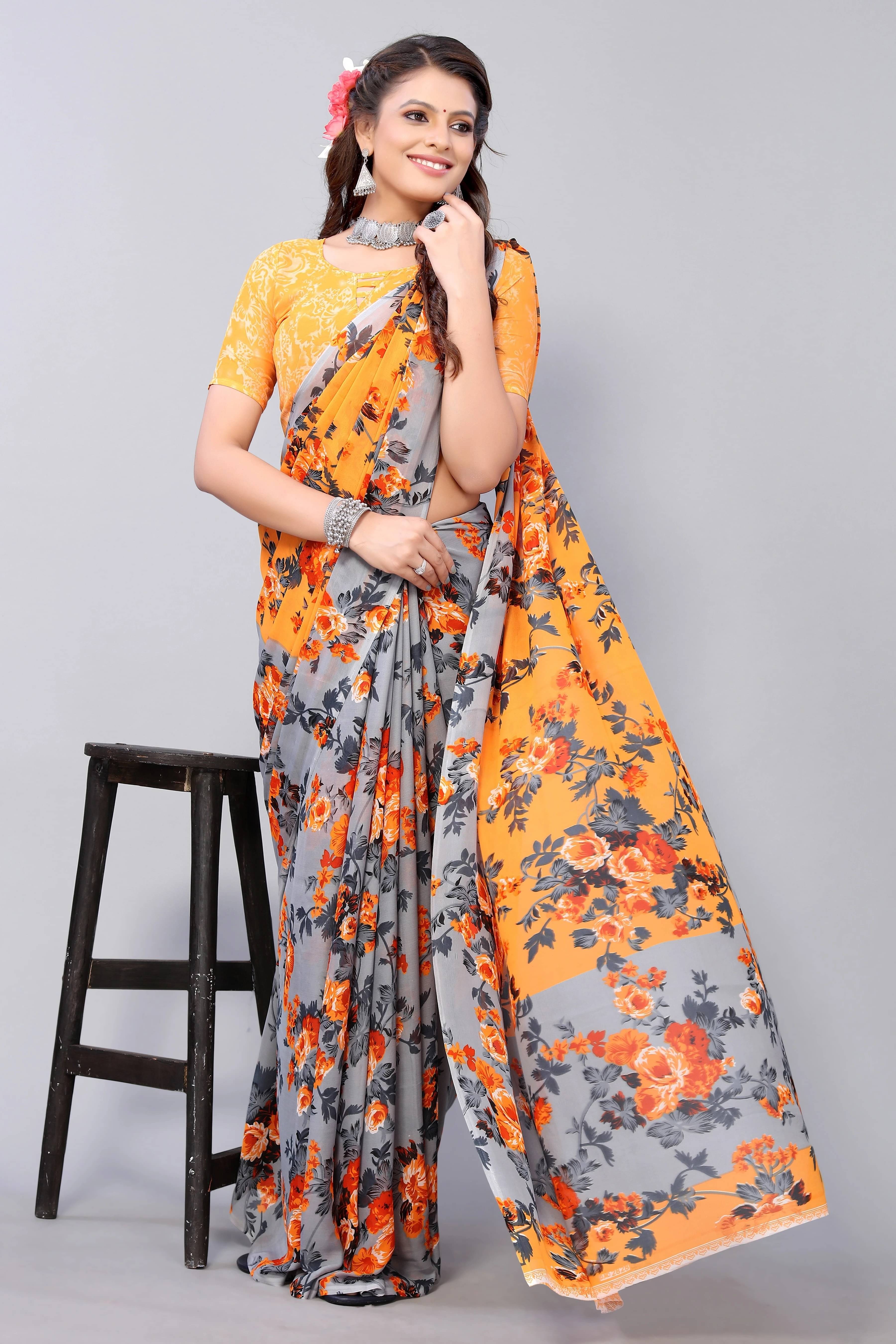 Yashika Georgette Printed Regular Saree With Unstitched Blouse Piece ( Orange ) Yashika Georgette Printed Regular Saree With Unstitched Blouse Piece ( Orange )