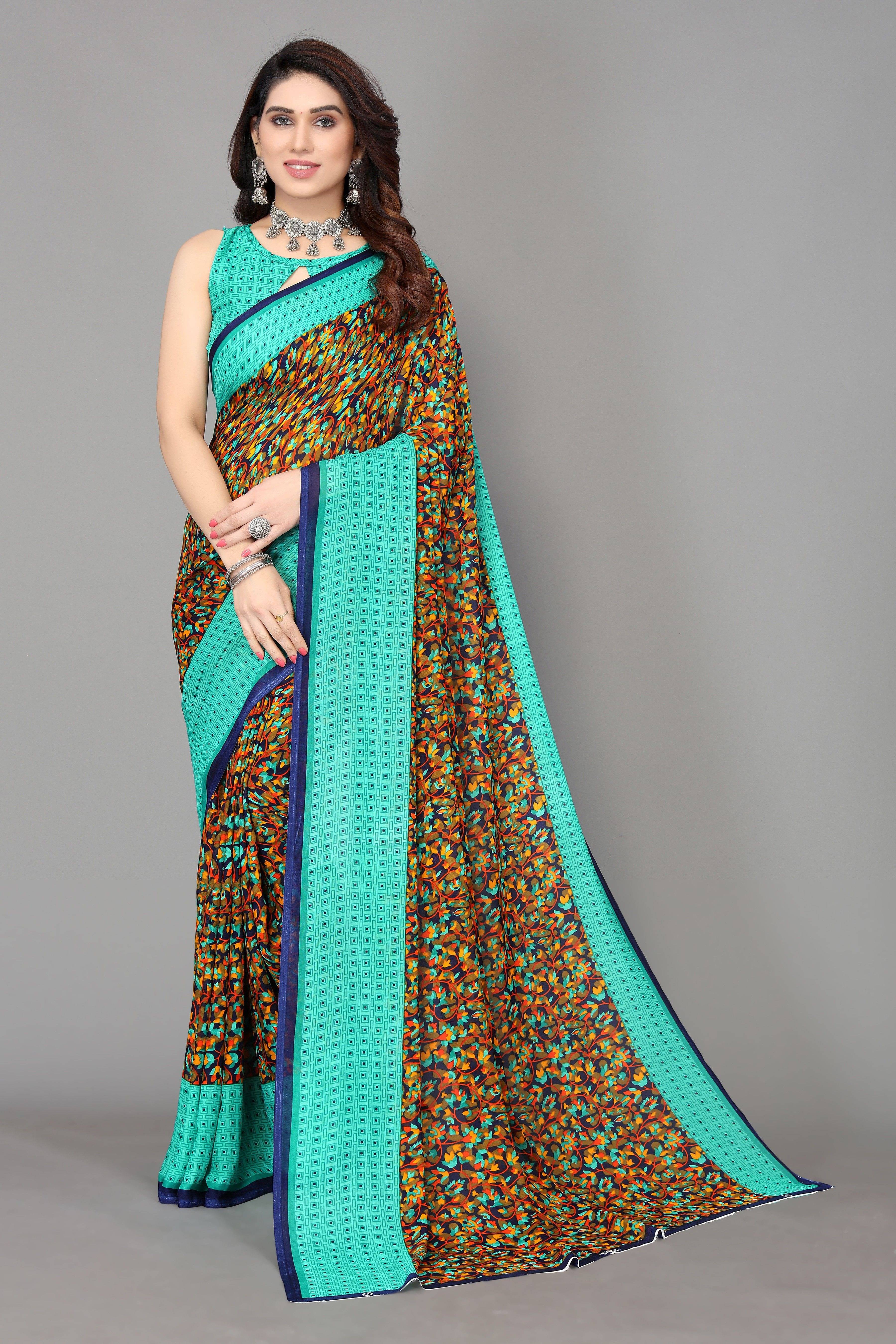     			Yashika Georgette Printed Regular Saree With Unstitched Blouse Piece ( Green )