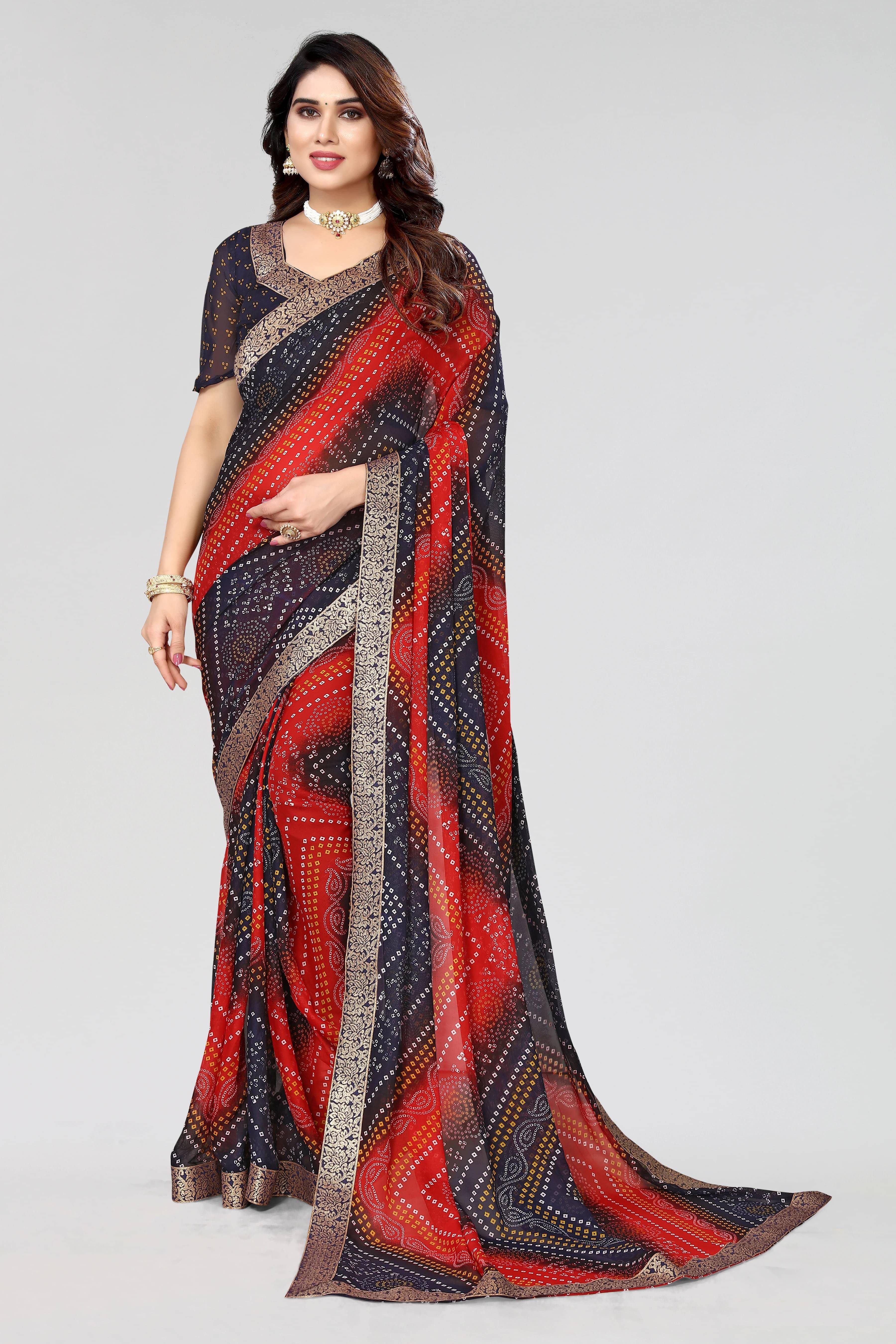     			Yashika Georgette Printed Regular Saree With Unstitched Blouse Piece ( Navy Blue )