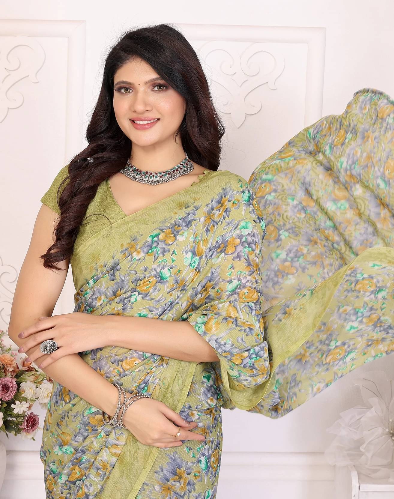     			Yashika Georgette Printed Regular Saree With Unstitched Blouse Piece ( Green )