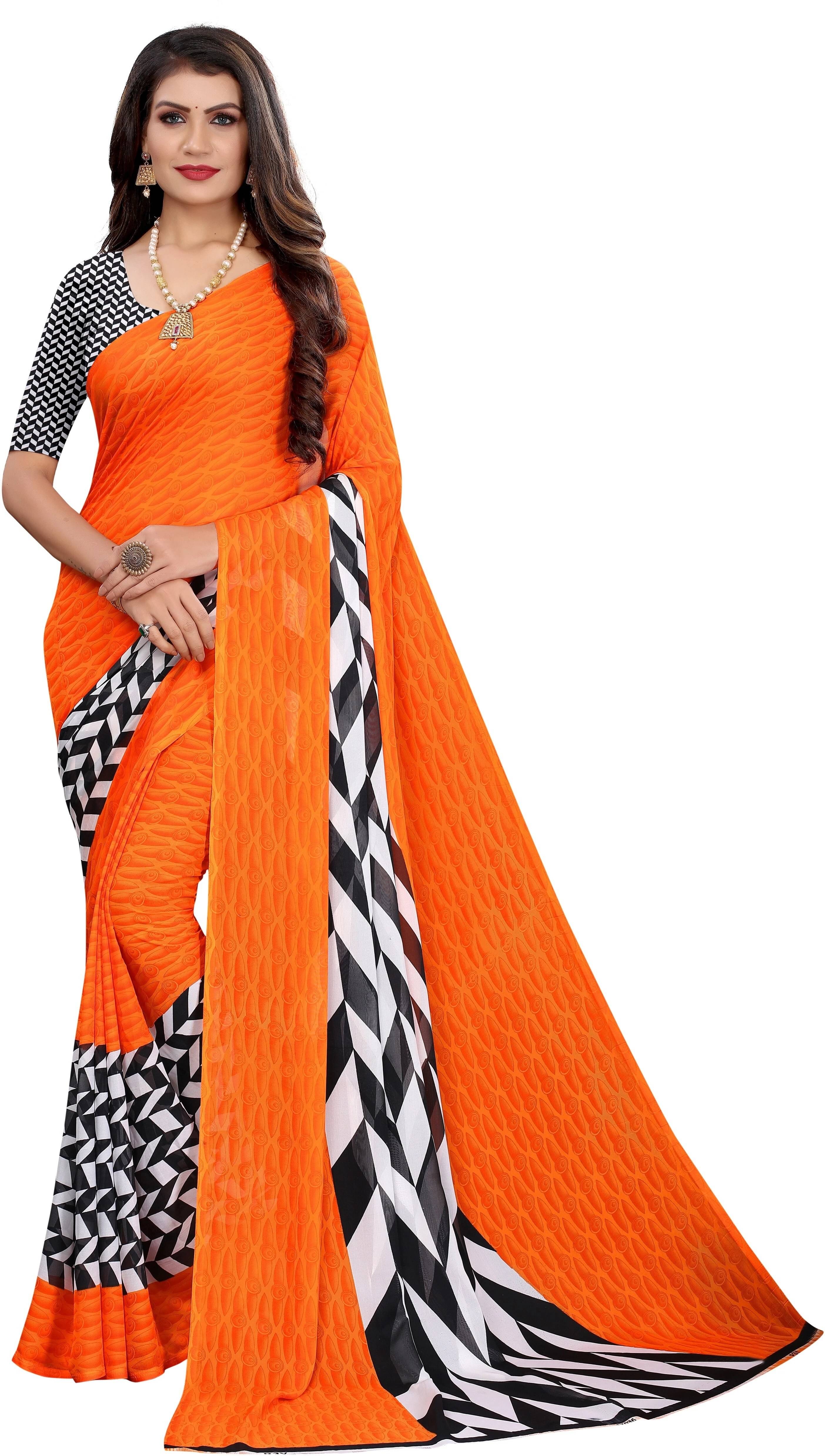     			Yashika Georgette Printed Regular Saree With Unstitched Blouse Piece ( Orange )