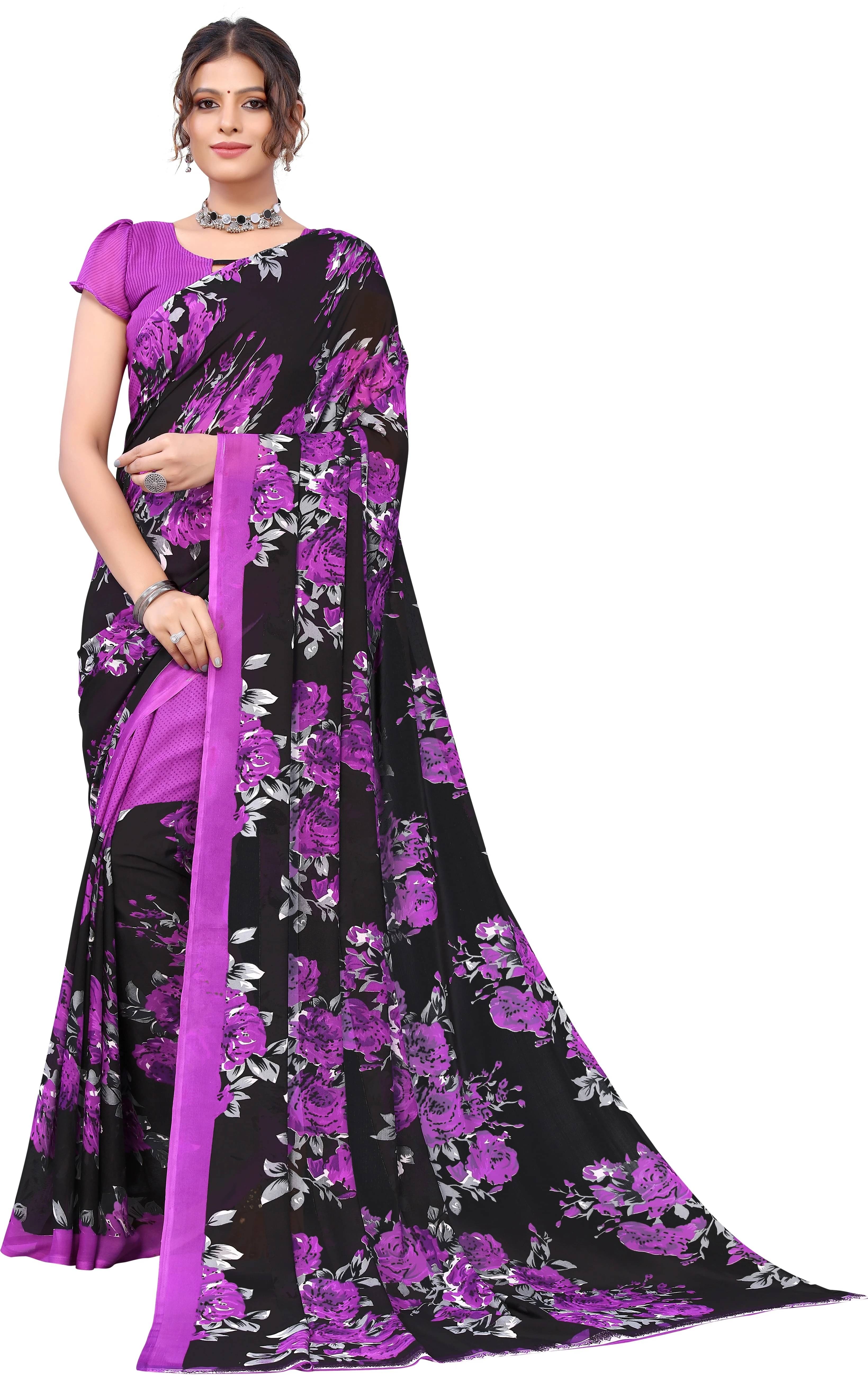     			Yashika Georgette Printed Regular Saree With Unstitched Blouse Piece ( Purple )