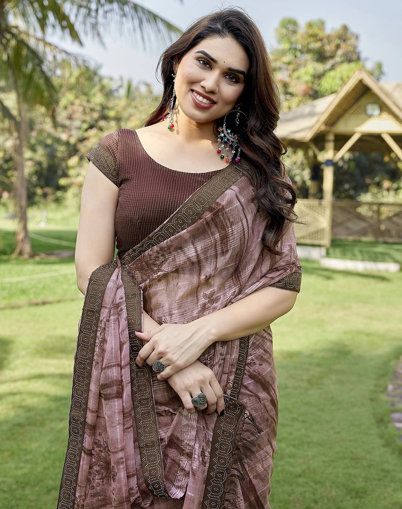 Yashika Georgette Printed Regular Saree With Unstitched Blouse Piece ( Brown ) Yashika Georgette Printed Regular Saree With Unstitched Blouse Piece ( Brown )
