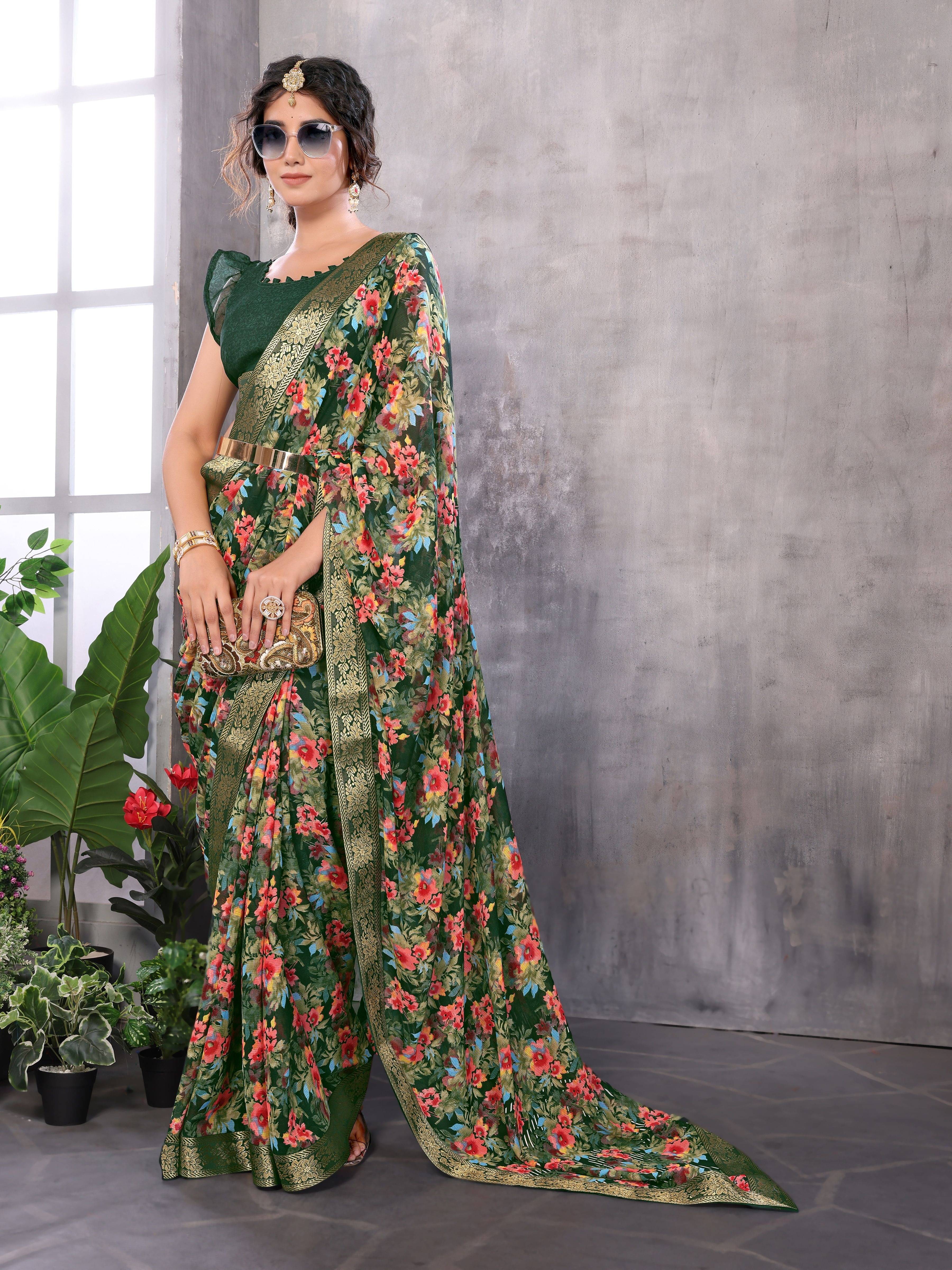 Yashika Georgette Printed Regular Saree With Unstitched Blouse Piece ( Green ) Yashika Georgette Printed Regular Saree With Unstitched Blouse Piece ( Green )