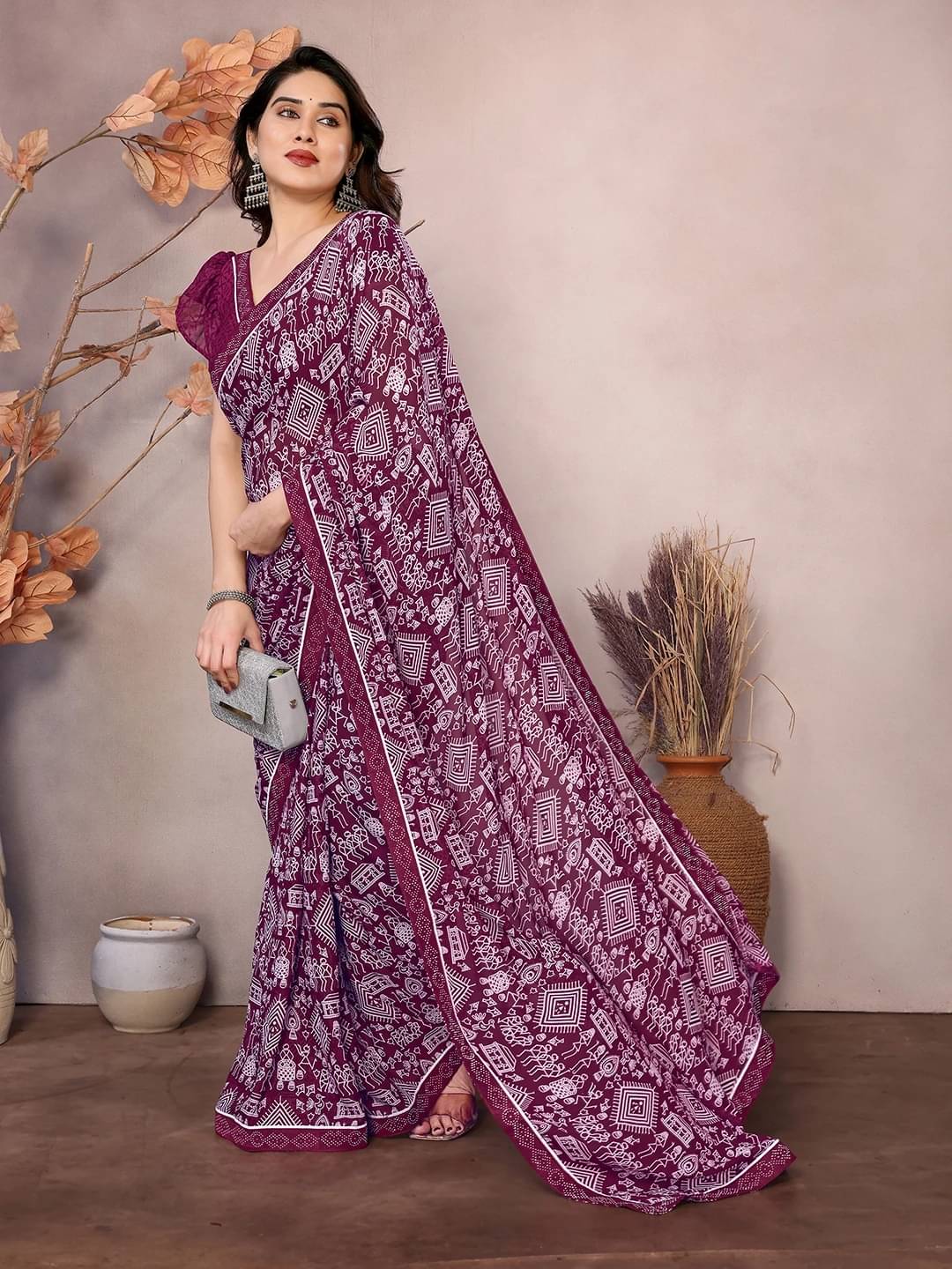 Yashika Georgette Printed Regular Saree With Unstitched Blouse Piece ( Purple ) Yashika Georgette Printed Regular Saree With Unstitched Blouse Piece ( Purple )