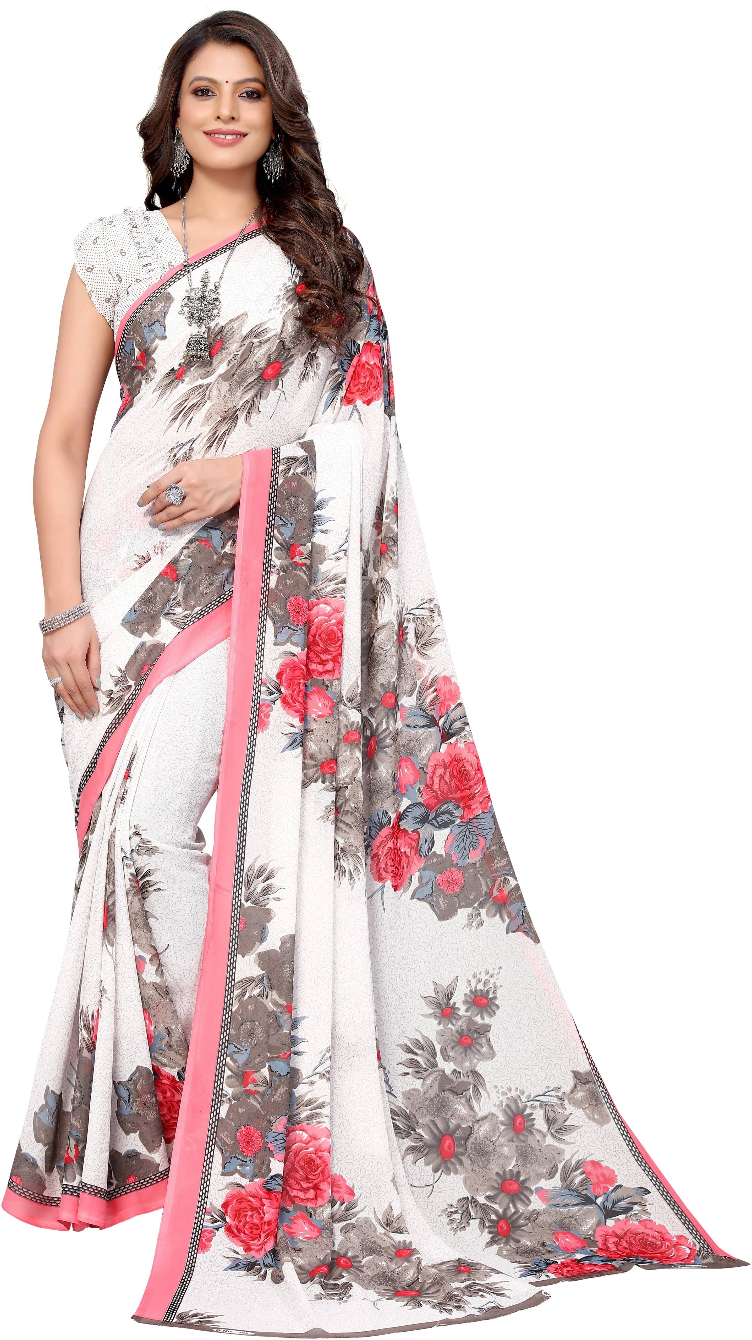     			Yashika Georgette Printed Regular Saree With Unstitched Blouse Piece ( White )