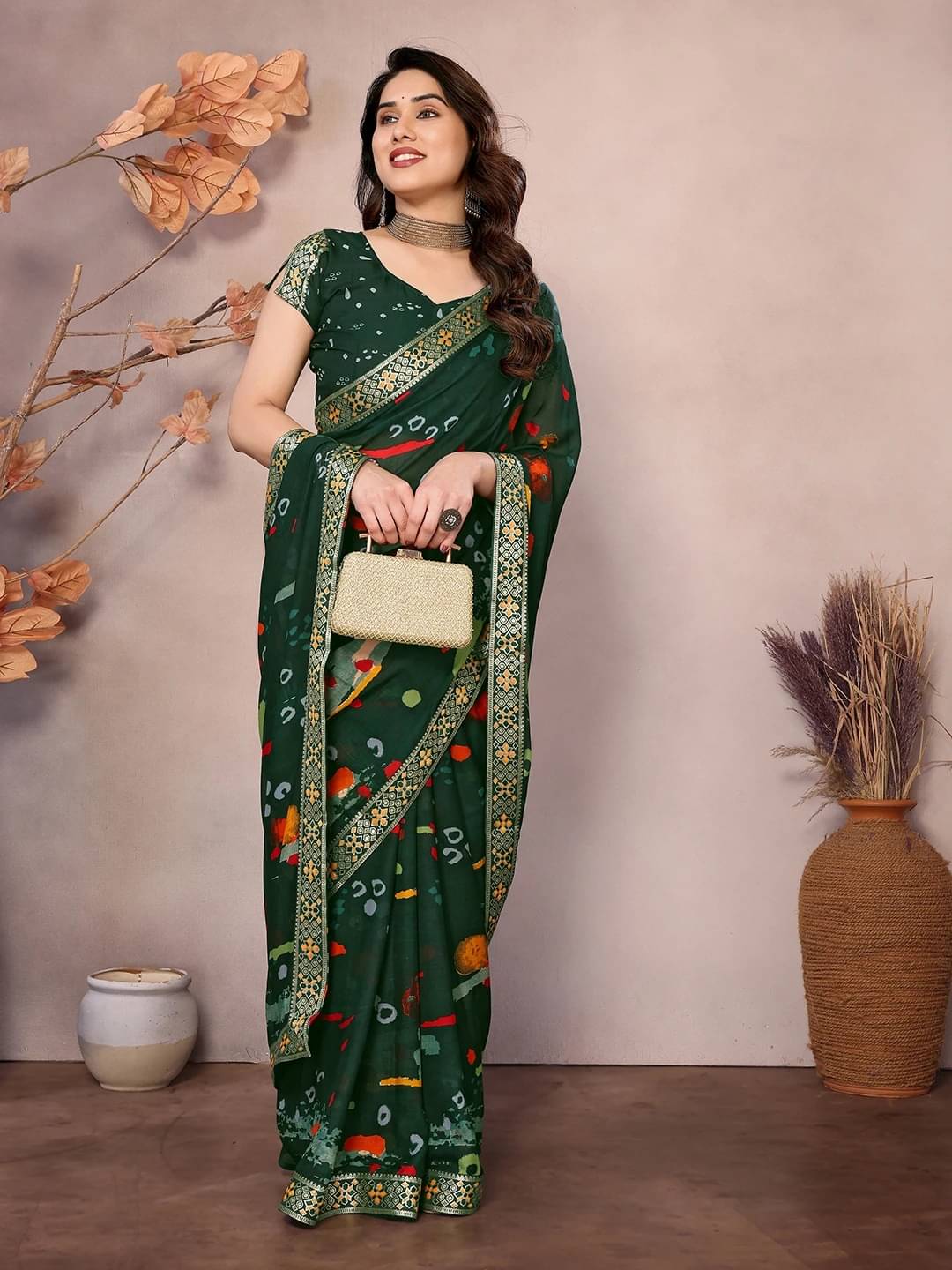     			Yashika Georgette Printed Regular Saree With Unstitched Blouse Piece ( Green )