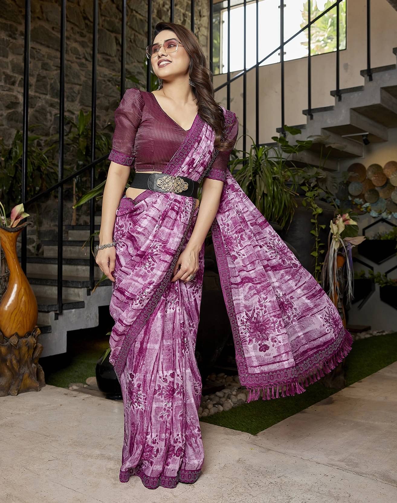     			Yashika Georgette Printed Regular Saree With Unstitched Blouse Piece ( Purple )