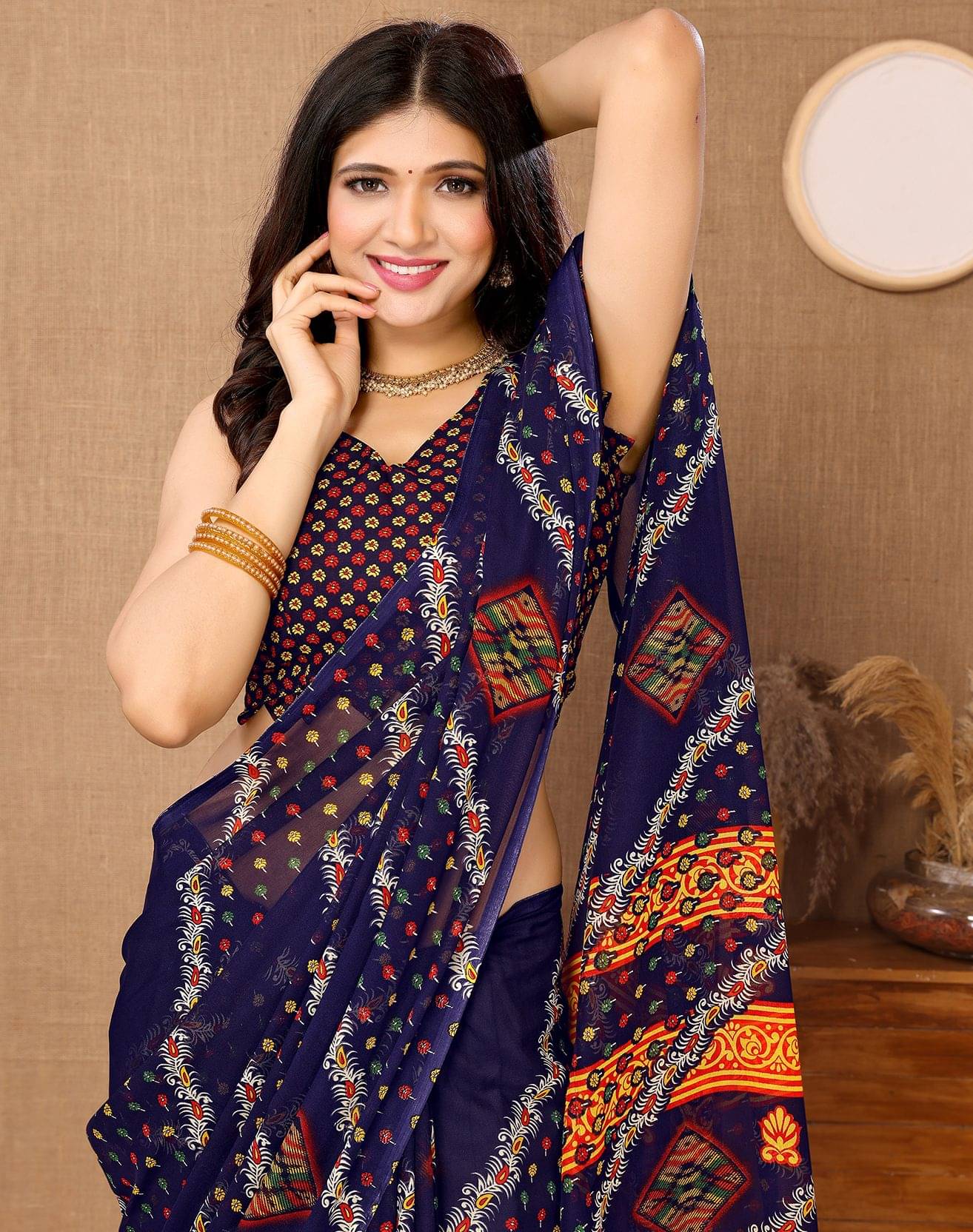     			Yashika Georgette Printed Regular Saree With Unstitched Blouse Piece ( Blue )