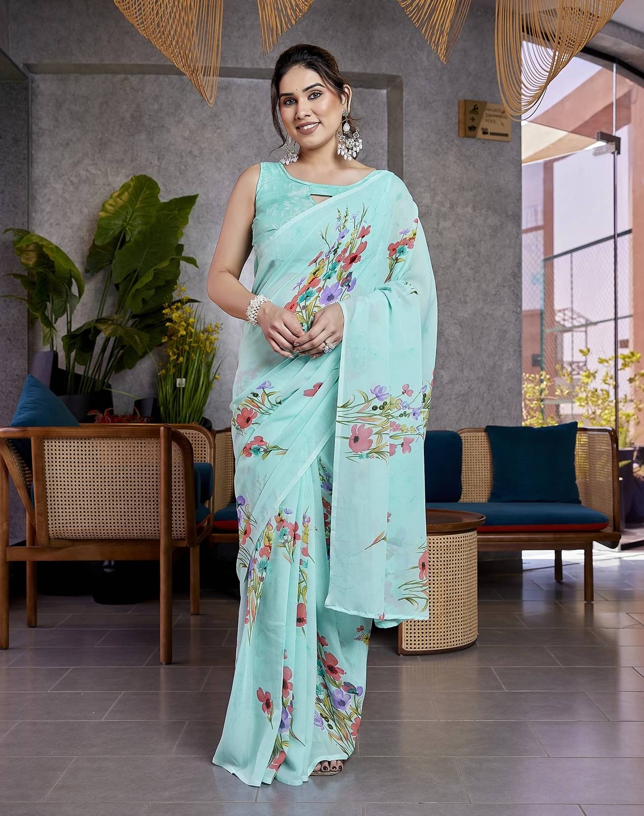 Yashika Georgette Printed Regular Saree With Unstitched Blouse Piece ( Blue ) Yashika Georgette Printed Regular Saree With Unstitched Blouse Piece ( Blue )