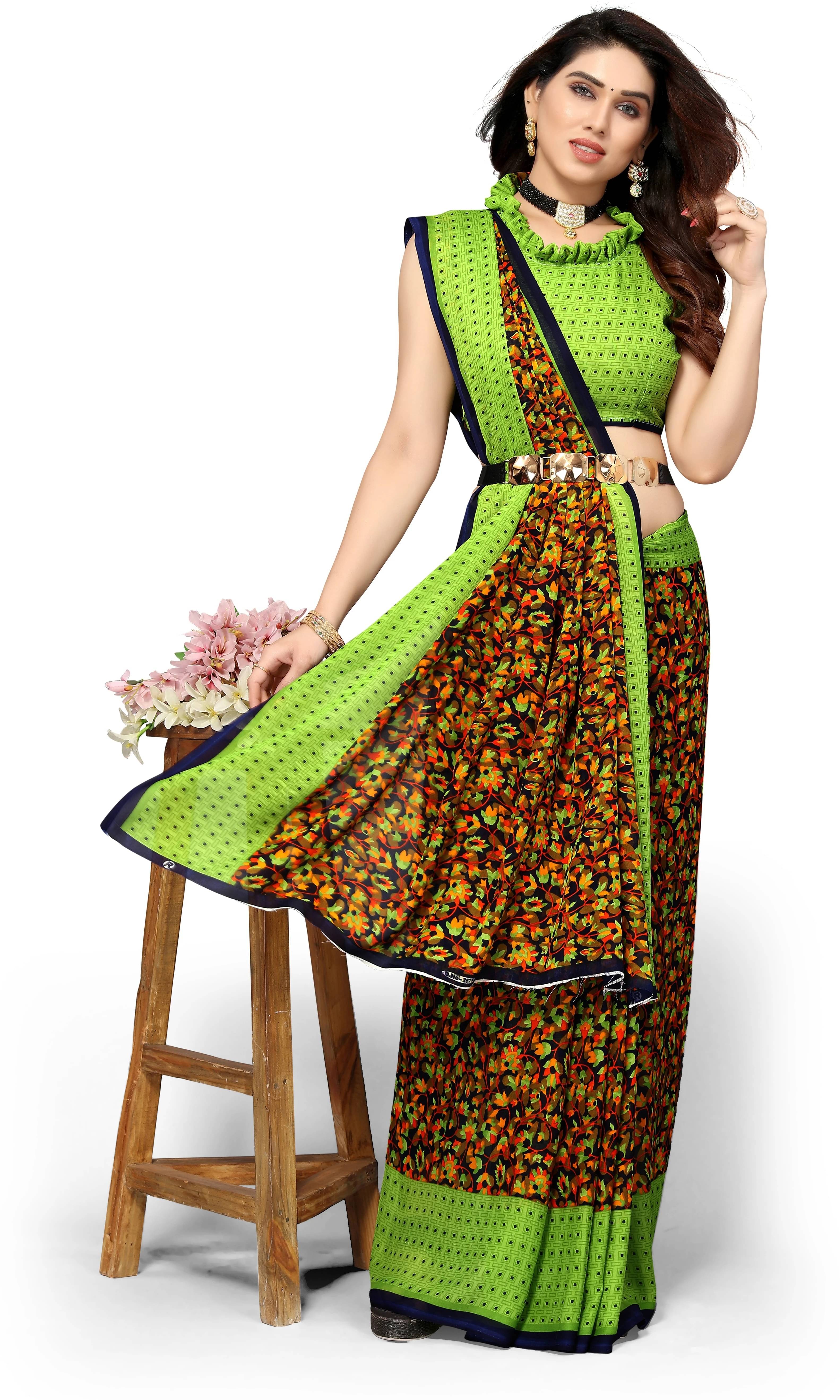     			Yashika Georgette Printed Regular Saree With Unstitched Blouse Piece ( Light Green )