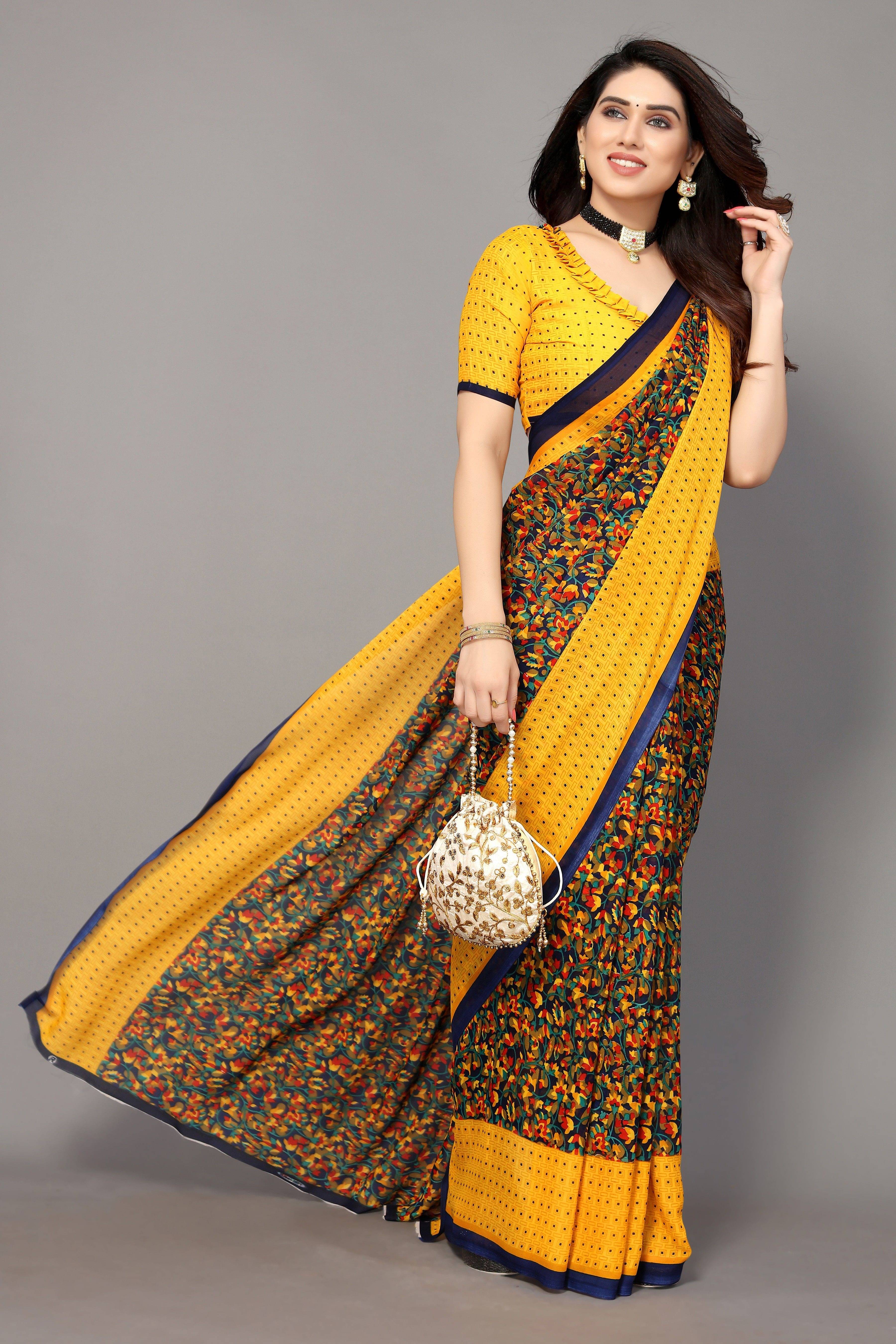 Yashika Georgette Printed Regular Saree With Unstitched Blouse Piece ( Yellow )     			Yashika Georgette Printed Regular Saree With Unstitched Blouse Piece ( Yellow )